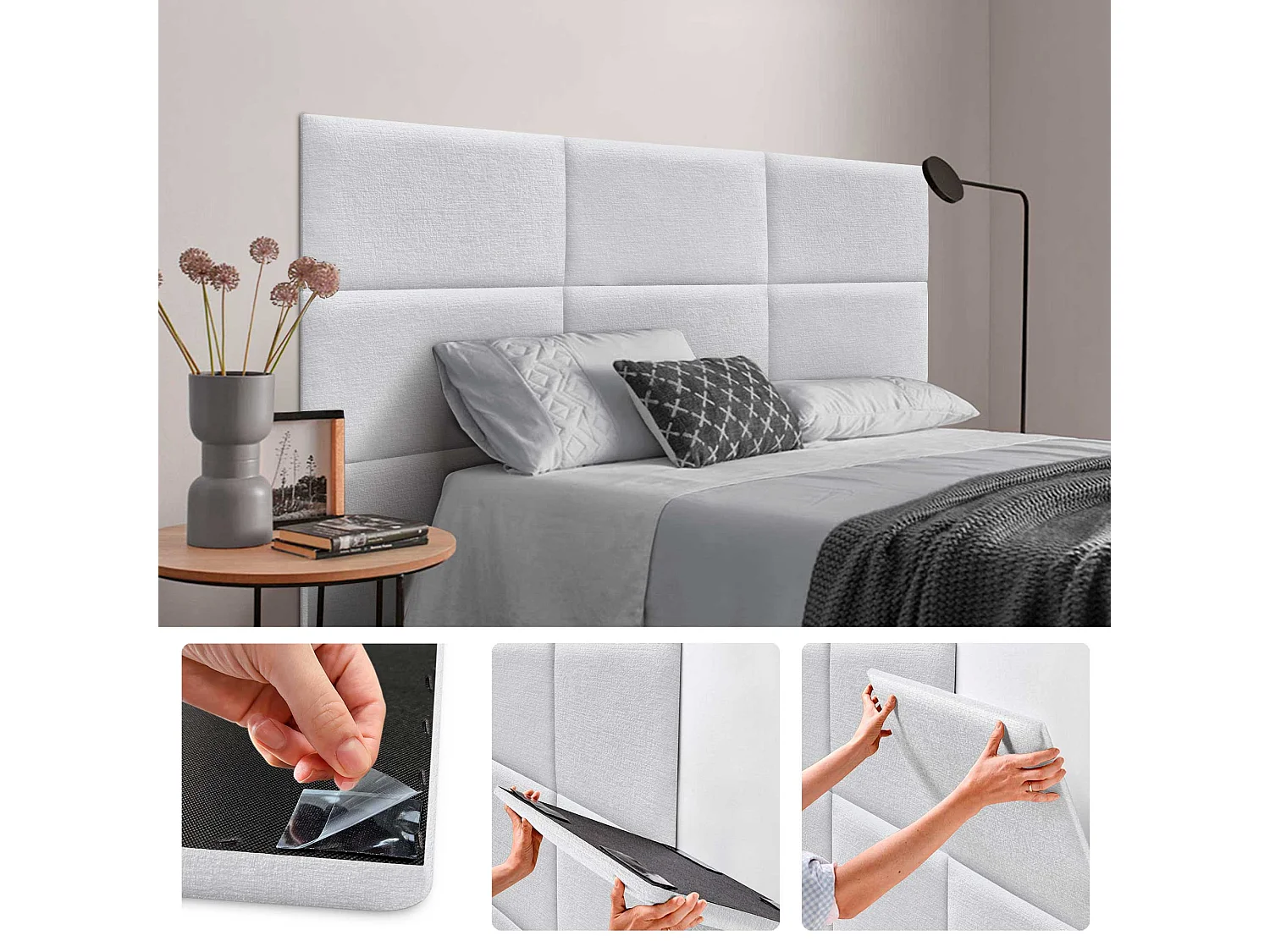 DHOME Lot de 6 panneaux muraux acoustiques auto-adhésifs en laine écologique protection absorbante contre les chocs (Blanc, 60 x 50 cm, x6)