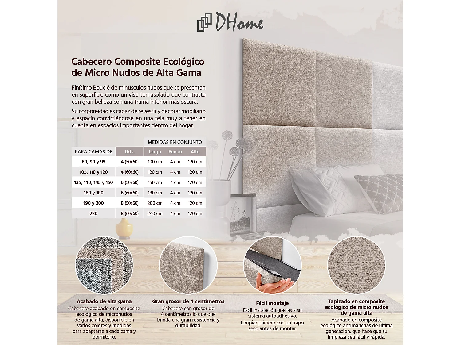 DHOME Testiera Rivestita in Tessuto Aqualine Composta da Pannelli Letto Intercambiabili Autoadesivi Camera da Letto di Lusso(Sabbia, 80cm)