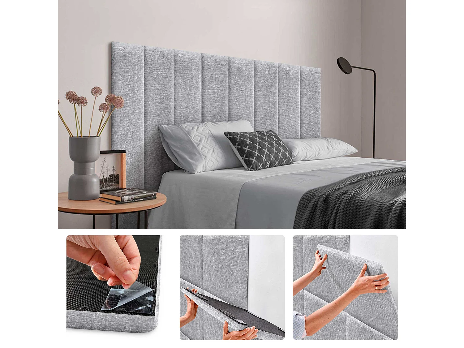 DHOME Lot de 4 Panneaux muraux acoustiques auto-adhésifs en laine écologique avec protection absorbante contre les chocs (Gris clair, 60 x 20 cm, x4)