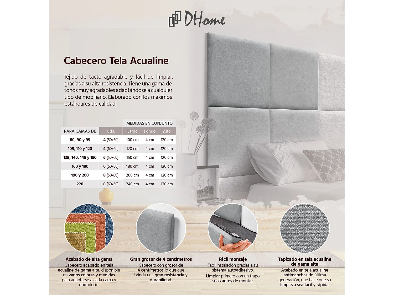 DHOME gestoffeerd hoofdbord in Acualine-stof Gemaakt van zelfklevende verwisselbare bedpanelen Luxe gewatteerde slaapkamer (grijs, 95 cm)