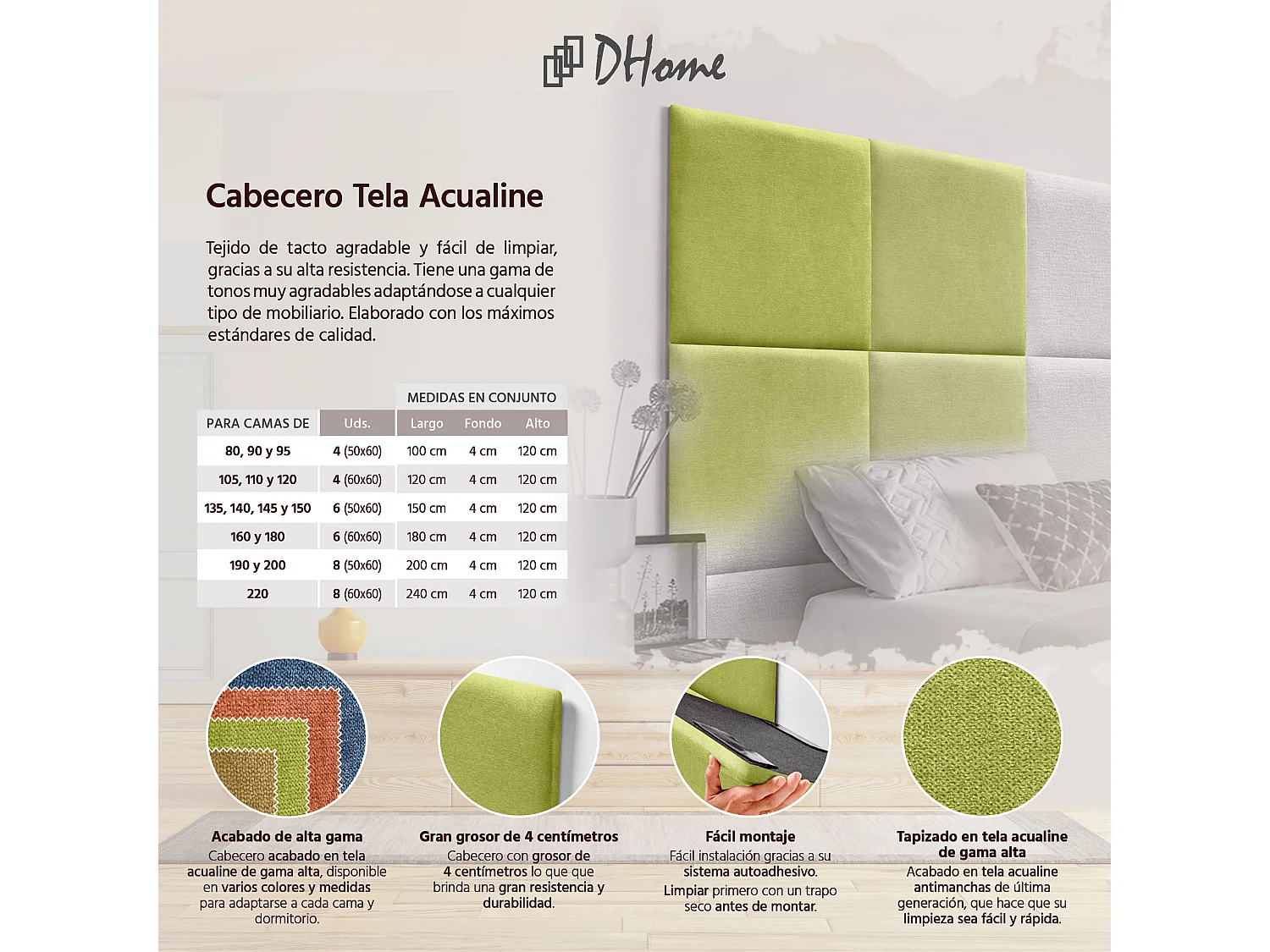 DHOME Tête de lit tapissée en tissu Aqualine composée de panneaux de lit autocollants interchangeables pour chambre de luxe (Pistache, 180 cm)
