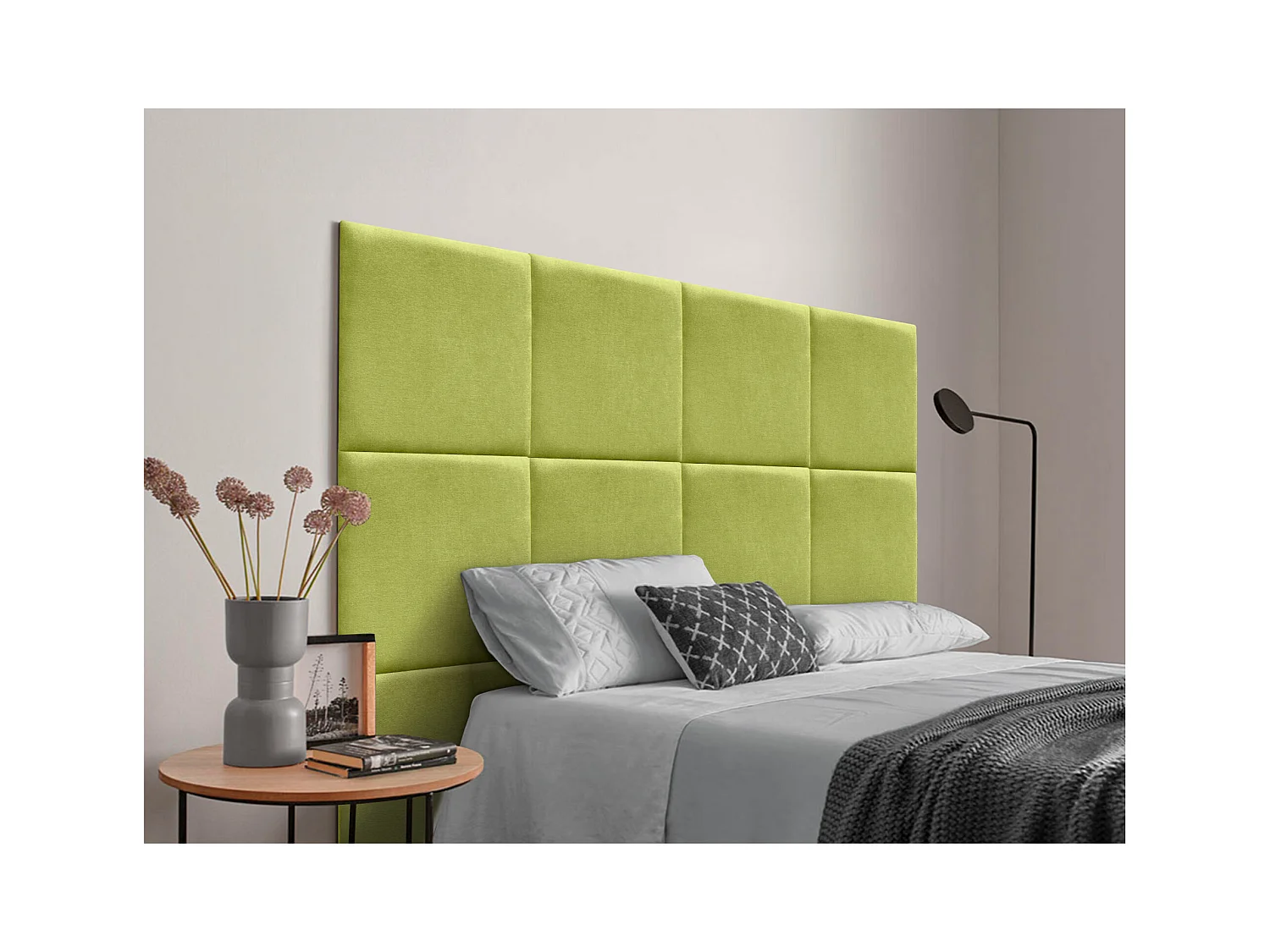 DHOME Tête de lit tapissée en tissu Aqualine composée de panneaux de lit autocollants interchangeables pour chambre de luxe (Pistache, 160 cm)