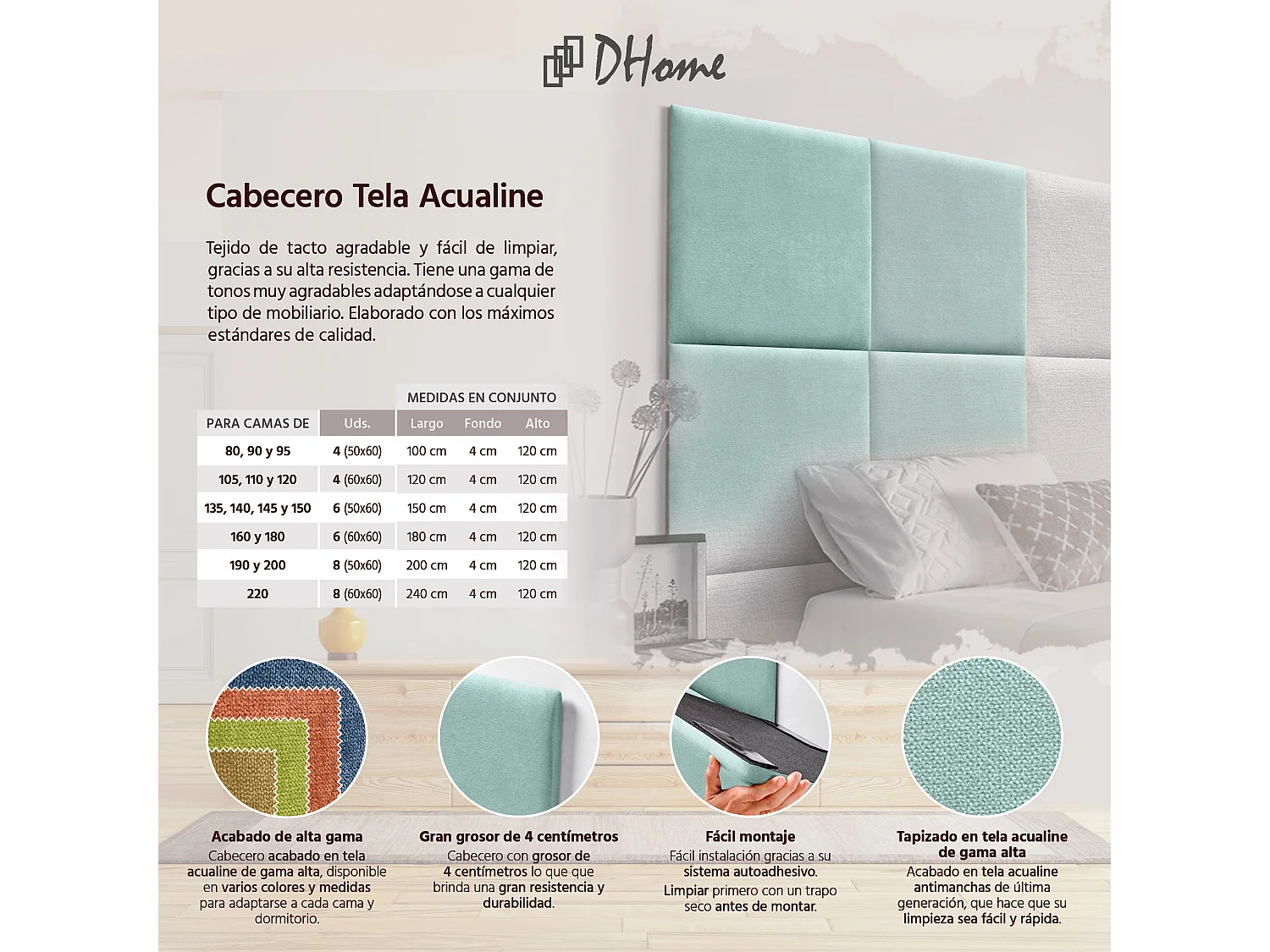 DHOME Cabeceira estofada em tecido aculino composto por painéis de cama intercambiáveis ​​autoadesivos acolchoados para quarto (Verde Água, 110cm)