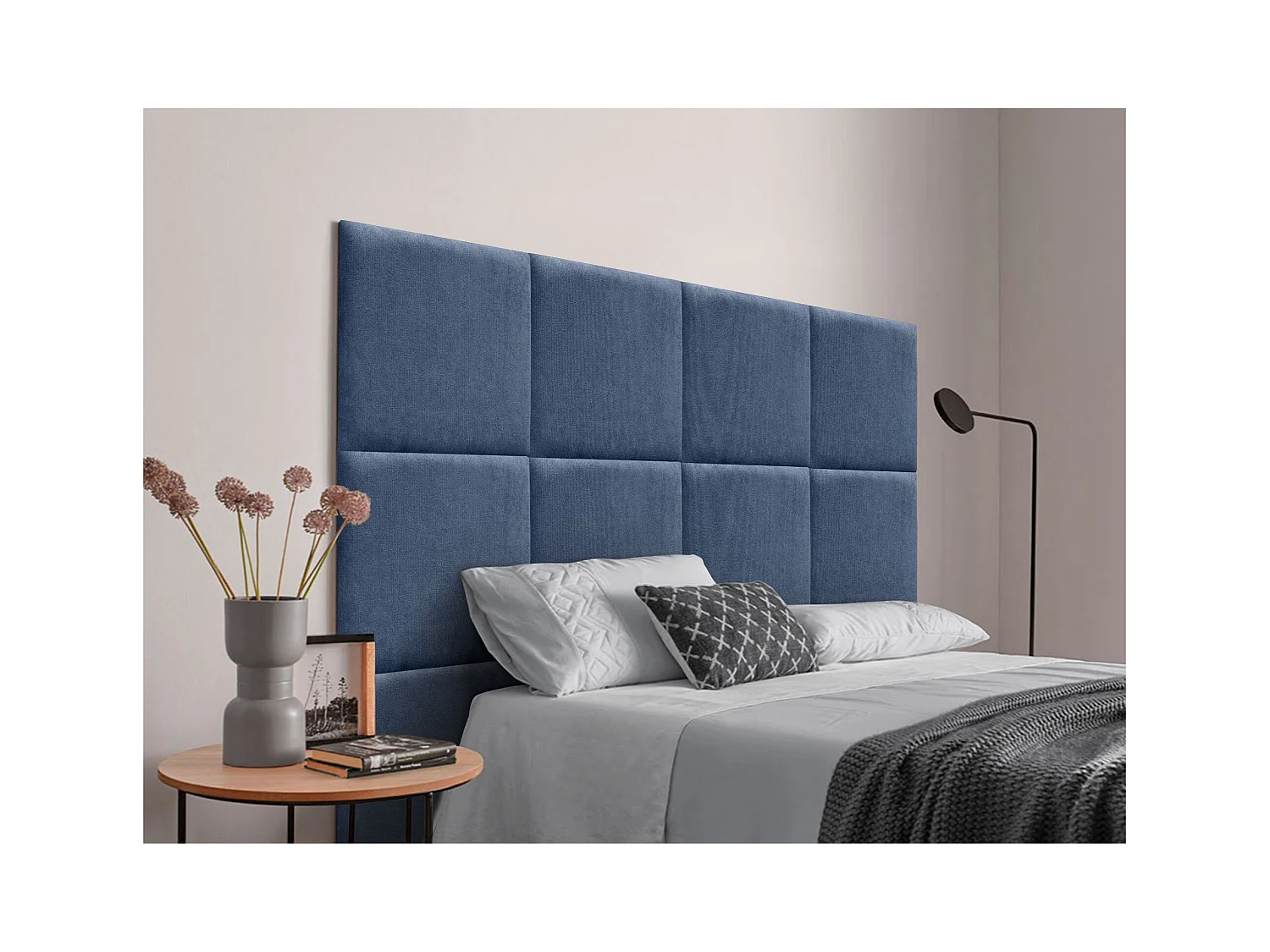 DHOME Tête de lit tapissée en tissu Aqualine composée de panneaux de lit autocollants interchangeables pour chambre de luxe (Bleu, 90 cm)
