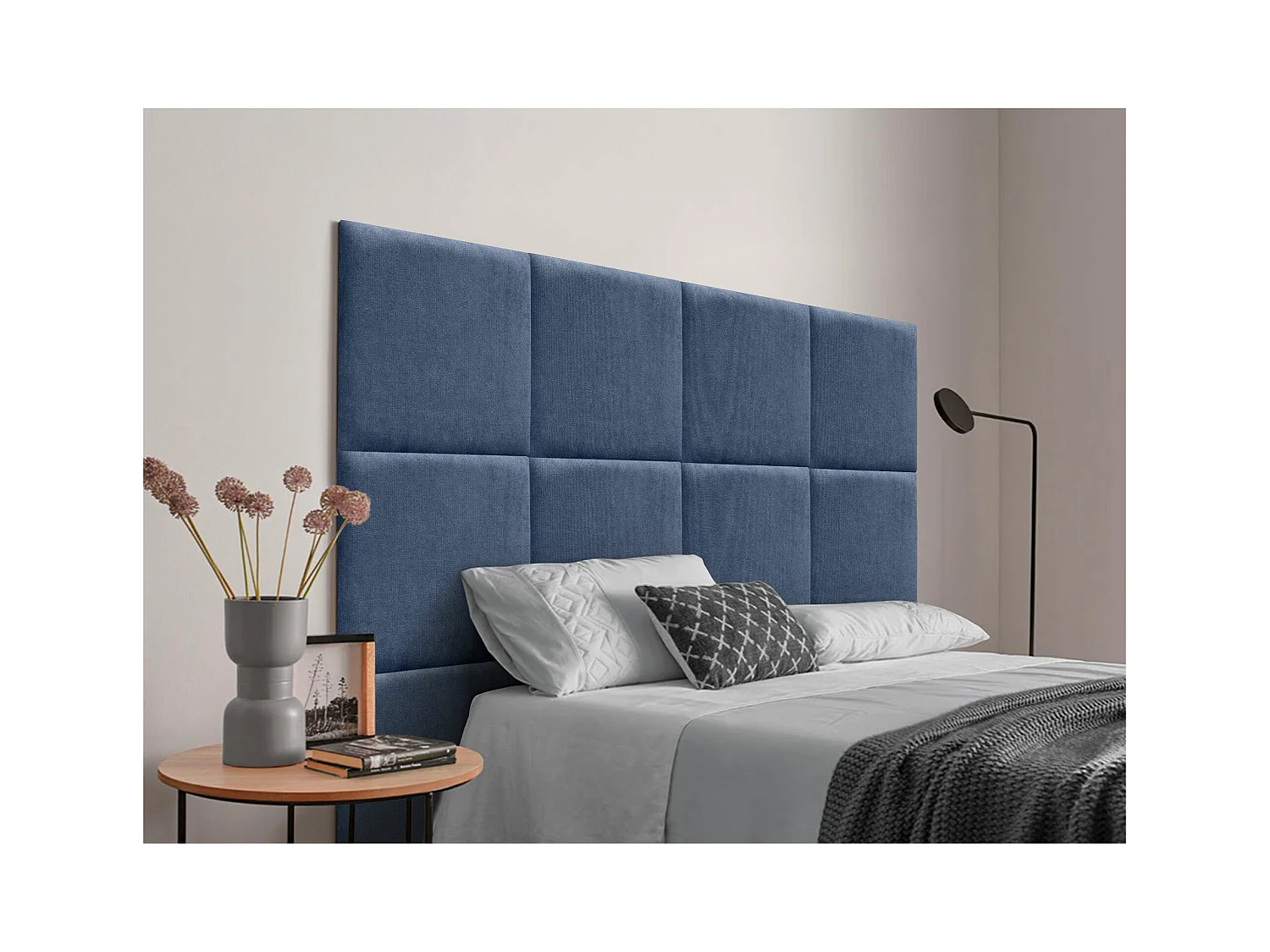 DHOME Tête de lit tapissée en tissu Aqualine composée de panneaux de lit autocollants interchangeables pour chambre de luxe (Bleu, 80 cm)
