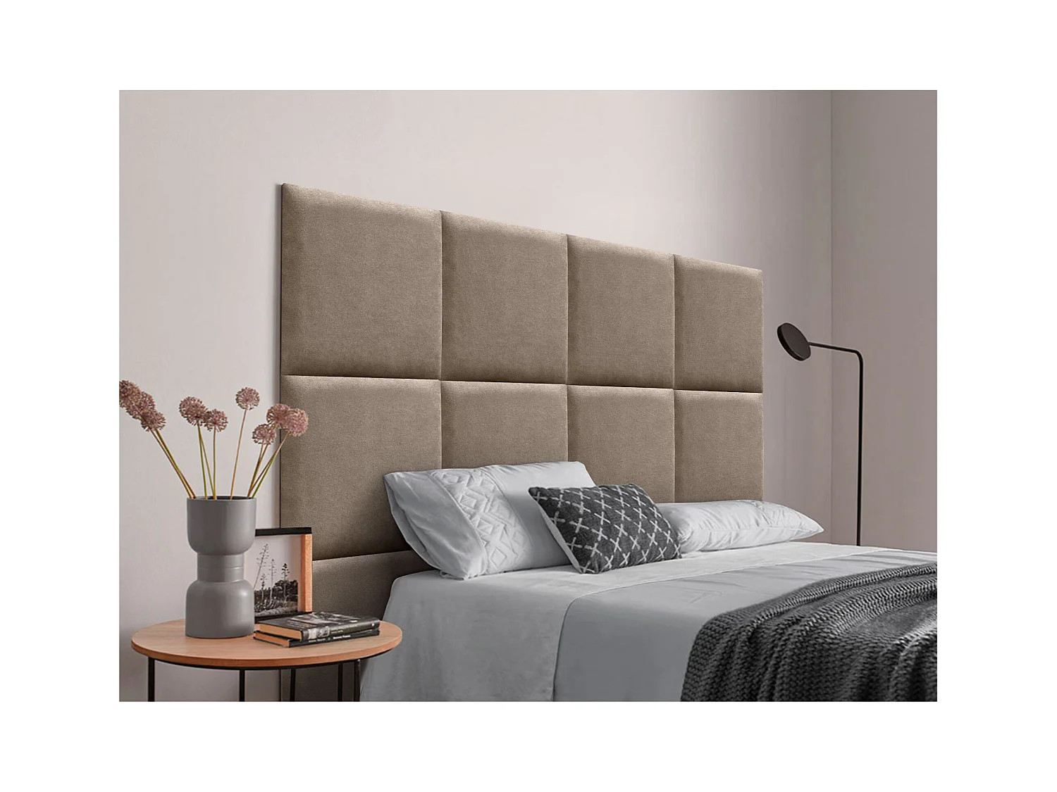 DHOME Tête de lit tapissée en tissu Aqualine composée de panneaux de lit autocollants interchangeables pour chambre de luxe (Terre, 145 cm)