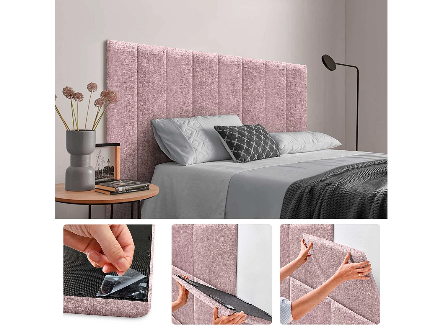 DHOME Juego de 4 Paneles Tapizados de Lana Ecológica Pack Autoadhesivos para Pared Acústicos Absorbentes Protección  (Salmón, 60x20cm, x4)