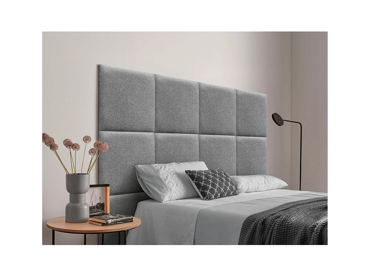 DHOME Tête de lit tapissée en tissu Aqualine composée de panneaux de lit autocollants interchangeables pour chambre de luxe (Ciment, 180 cm)