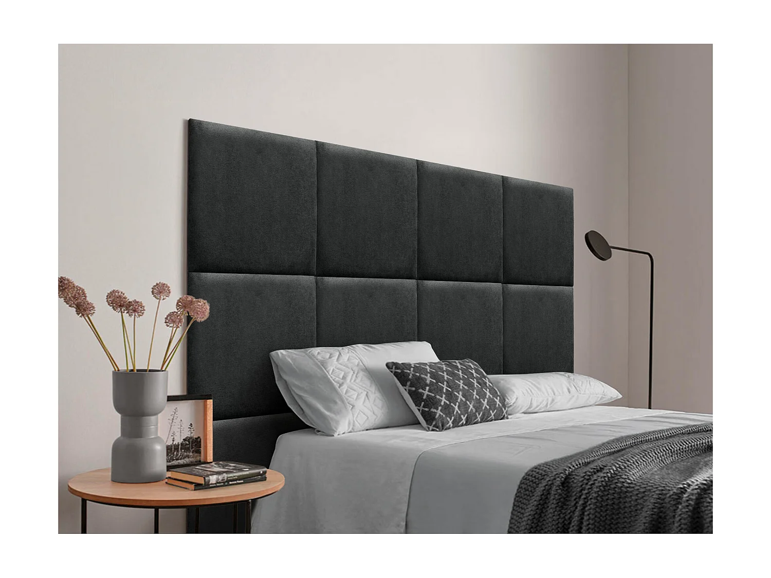 DHOME Tête de lit tapissée en tissu Aqualine composée de panneaux de lit autocollants interchangeables pour chambre de luxe (Noir, 110 cm)