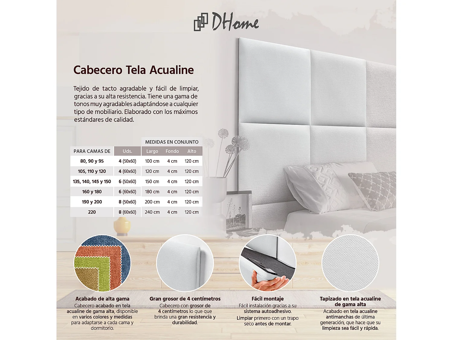 DHOME Tête de lit tapissée en tissu Aqualine composée de panneaux de lit autocollants interchangeables pour chambre de luxe (Blanc, 200 cm)