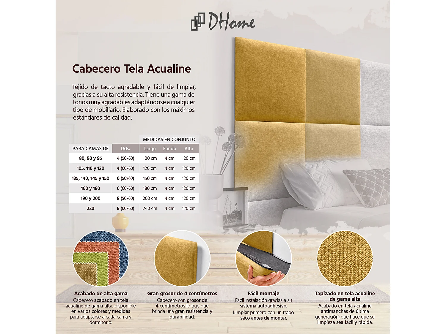DHOME Testiera Rivestita in Tessuto Aqualine Composta da Pannelli Letto Intercambiabili Autoadesivi Camera da Letto di Lusso(Senape, 95 cm)