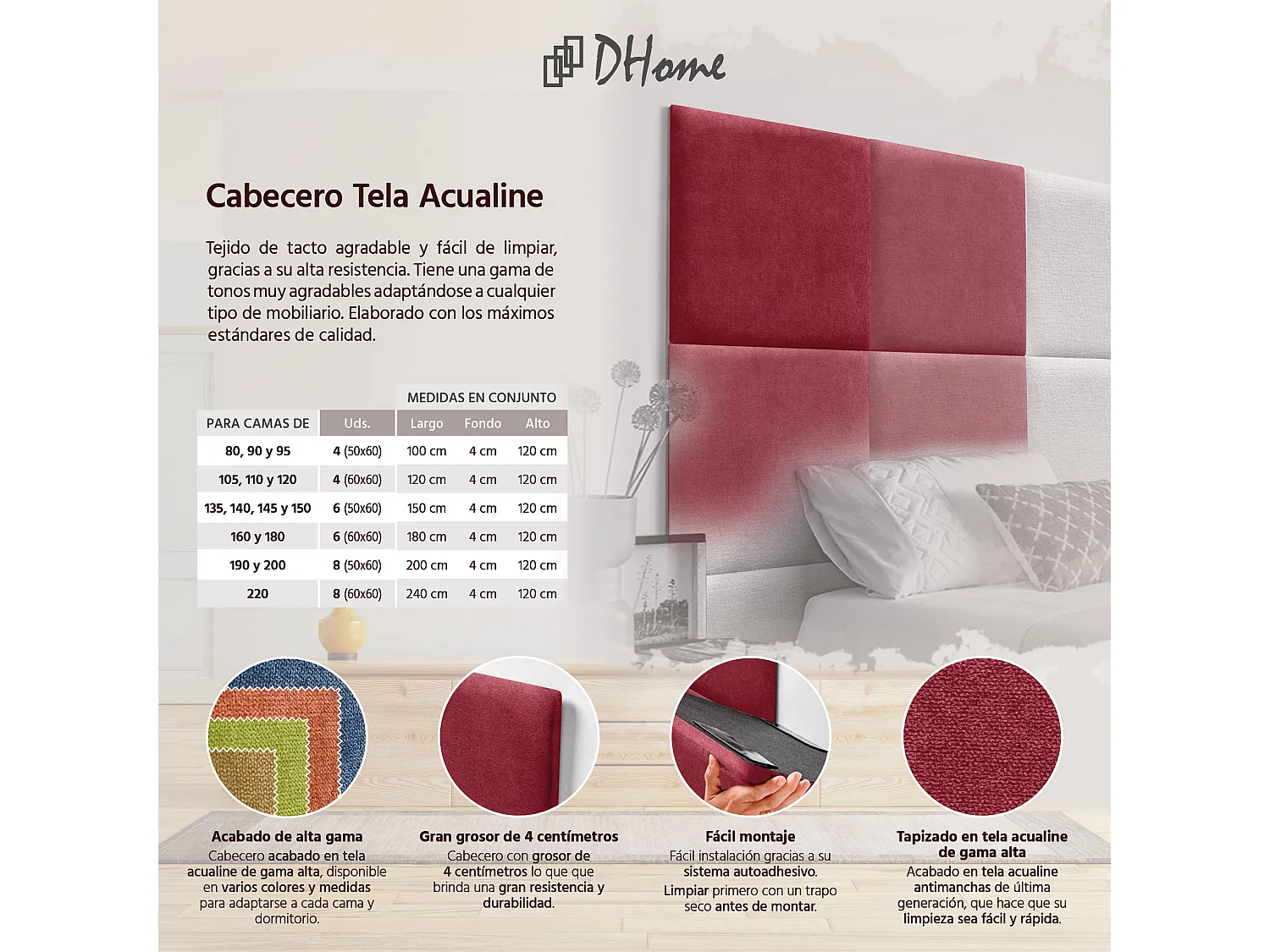 DHOME Gepolstertes Kopfteil aus Acualine-Stoff, aus selbstklebenden, austauschbaren Bettpaneelen, luxuriös gepolstertes Schlafzimmer (rot, 105 cm)