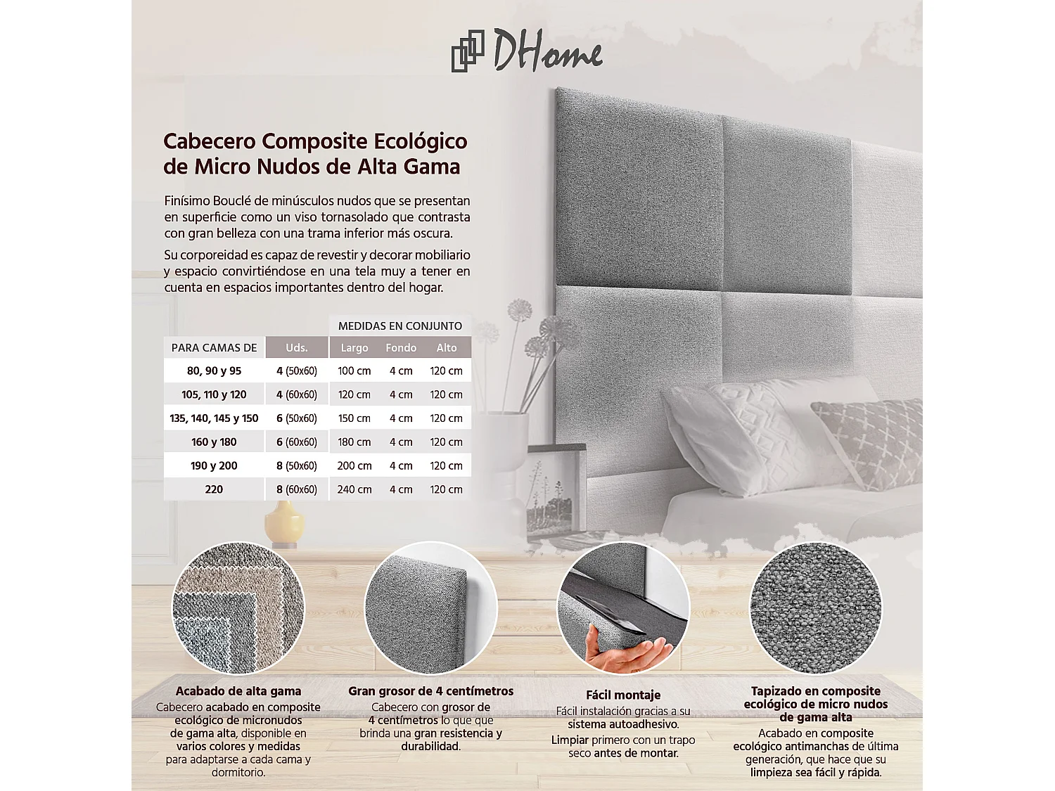 DHOME Gepolstertes Kopfteil aus Acualine-Stoff aus austauschbaren, selbstklebenden Paneelen für luxuriös gepolstertes Schlafzimmerbett (Zement, 120 cm)