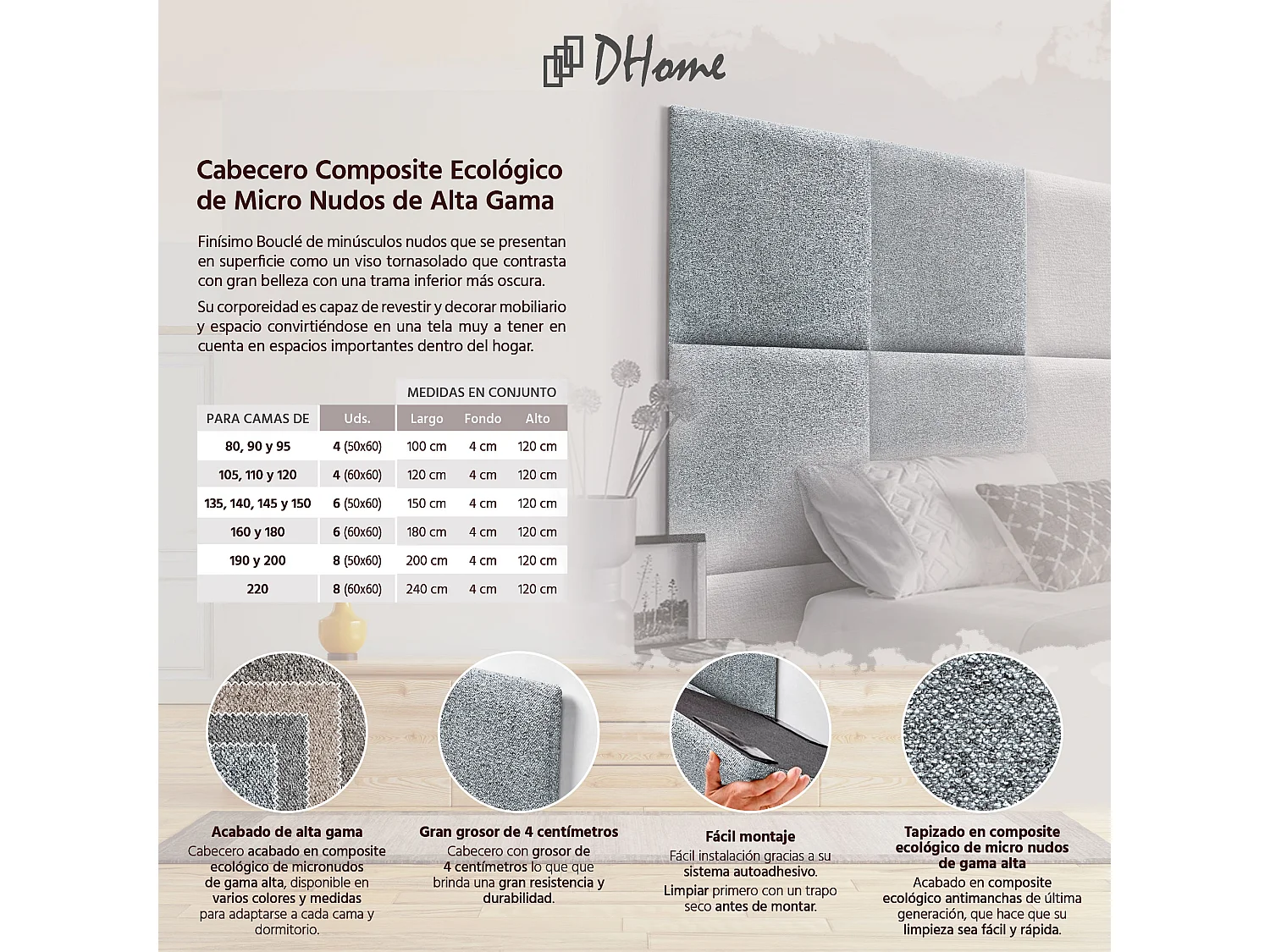 DHOME Tête de lit tapissée en tissu Aqualine composée de panneaux de lit autocollants interchangeables pour chambre de luxe (Gris perle, 95 cm)