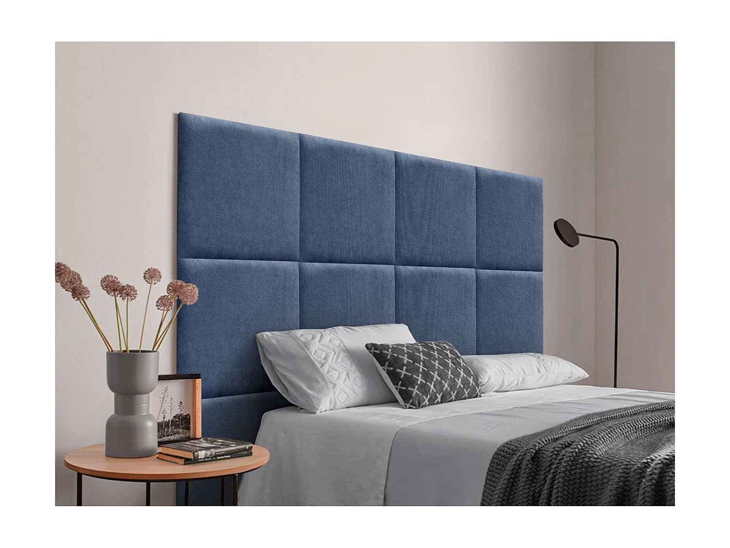 DHOME Gepolstertes Kopfteil aus Acualine-Stoff, aus selbstklebenden, austauschbaren Bettpaneelen, luxuriös gepolstertes Schlafzimmer (blau, 95 cm)
