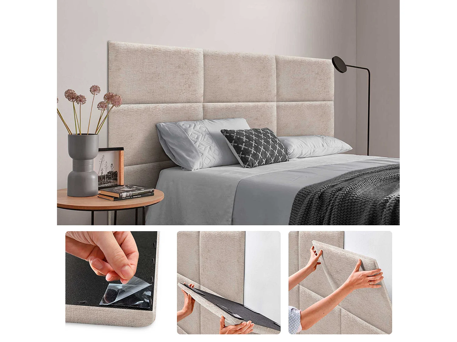 DHOME Paneles Tapizados de Lana Ecologica Autoadhesivos para Pared Acusticos Absorbentes Proteccion Impactos Cabeceros (Beige, 50x30cm)