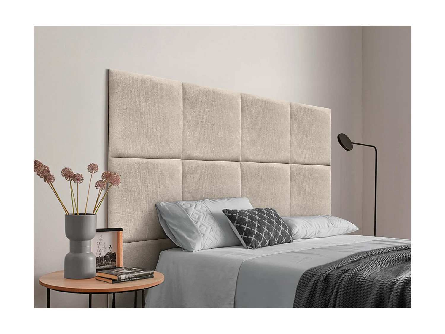 DHOME Tête de lit tapissée en tissu Aqualine composée de panneaux de lit autocollants interchangeables pour chambre de luxe (Beige, 135 cm)