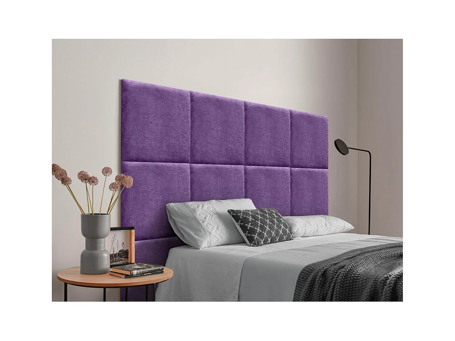 DHOME Tête de lit tapissée en tissu Aqualine composée de panneaux de lit autocollants interchangeables pour chambre de luxe (Lilas, 95 cm)
