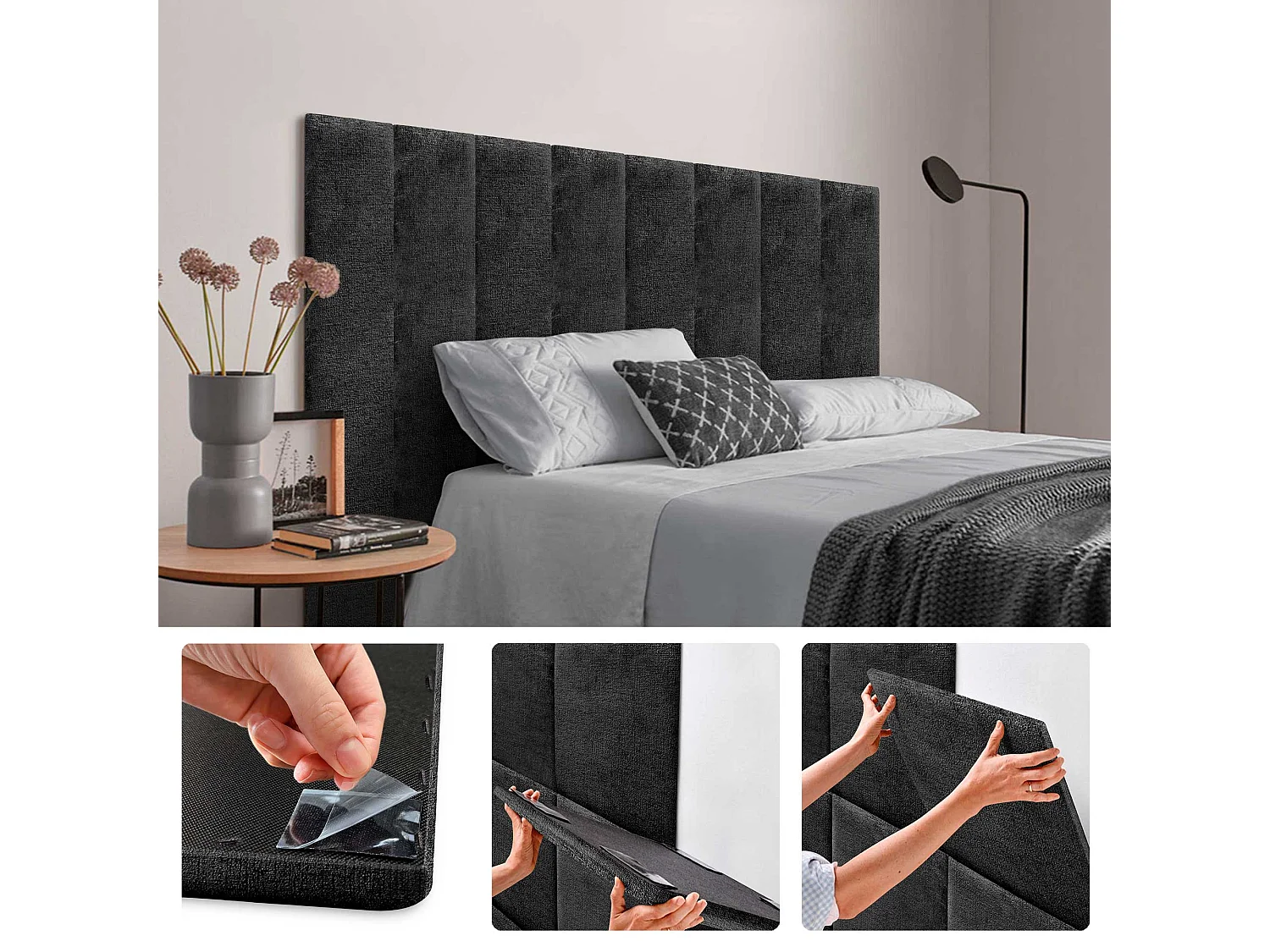 DHOME Lot de 6 panneaux muraux acoustiques auto-adhésifs en laine écologique protection absorbante contre les chocs (Noir, 60 x 20 cm, x6)