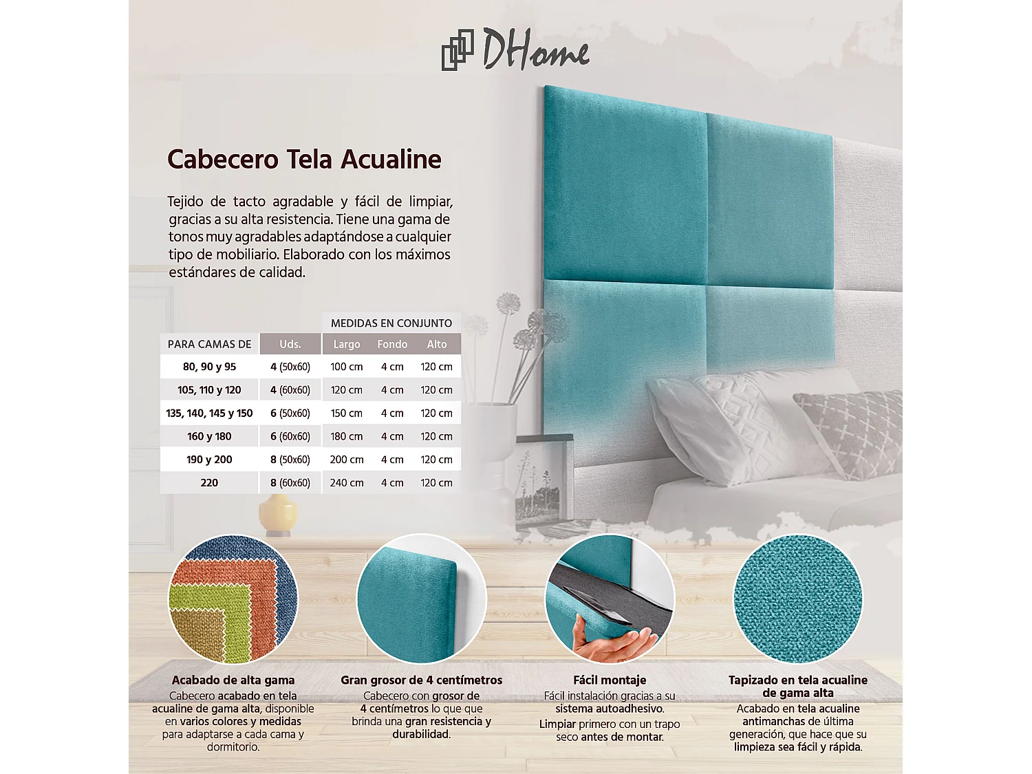 DHOME Tête de lit tapissée en tissu Aqualine composée de panneaux de lit autocollants interchangeables pour chambre de luxe (turquoise, 140 cm)