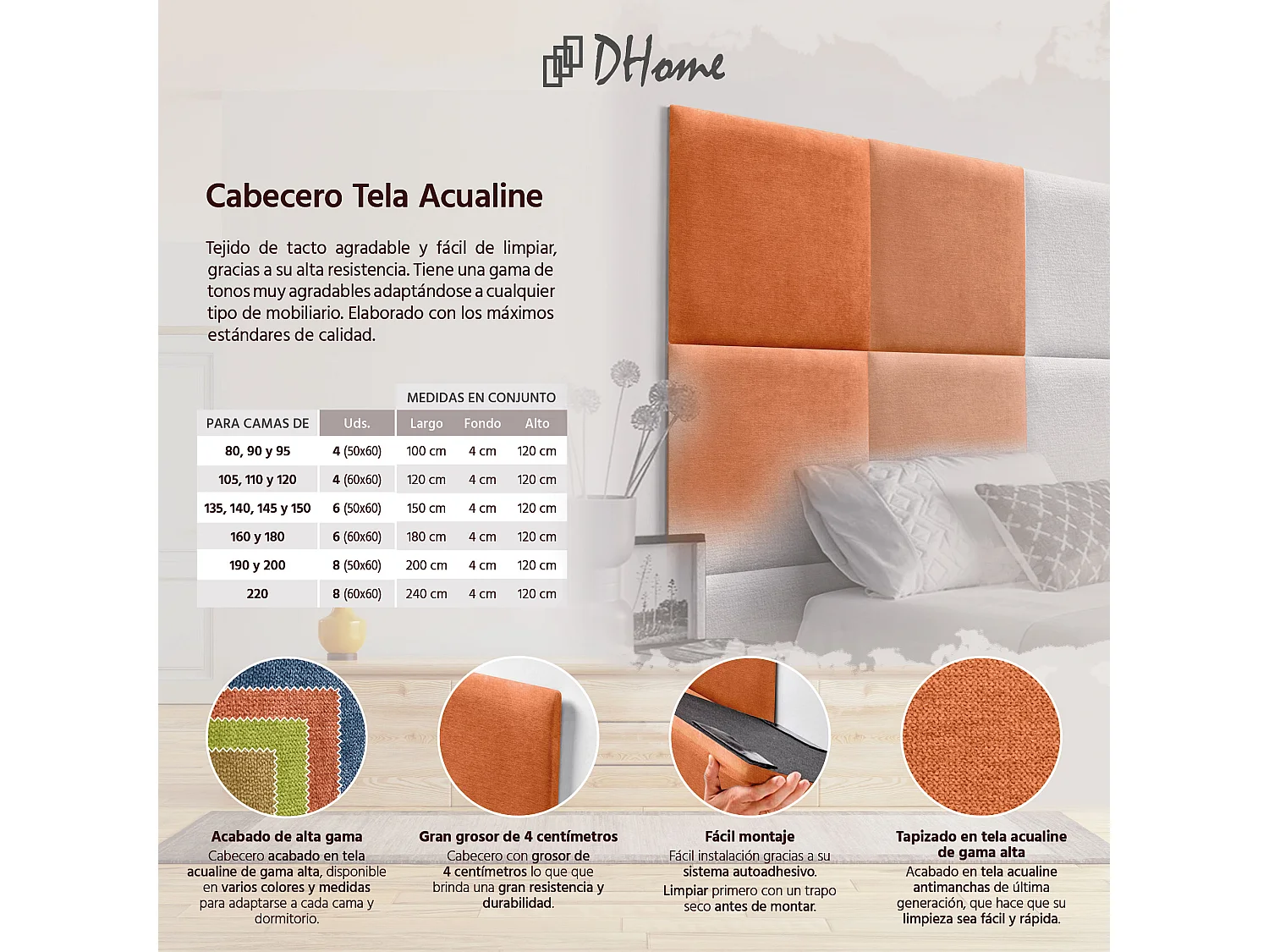 DHOME Tête de lit tapissée en tissu Aqualine composée de panneaux de lit autocollants interchangeables pour chambre de luxe (Orange, 105 cm)
