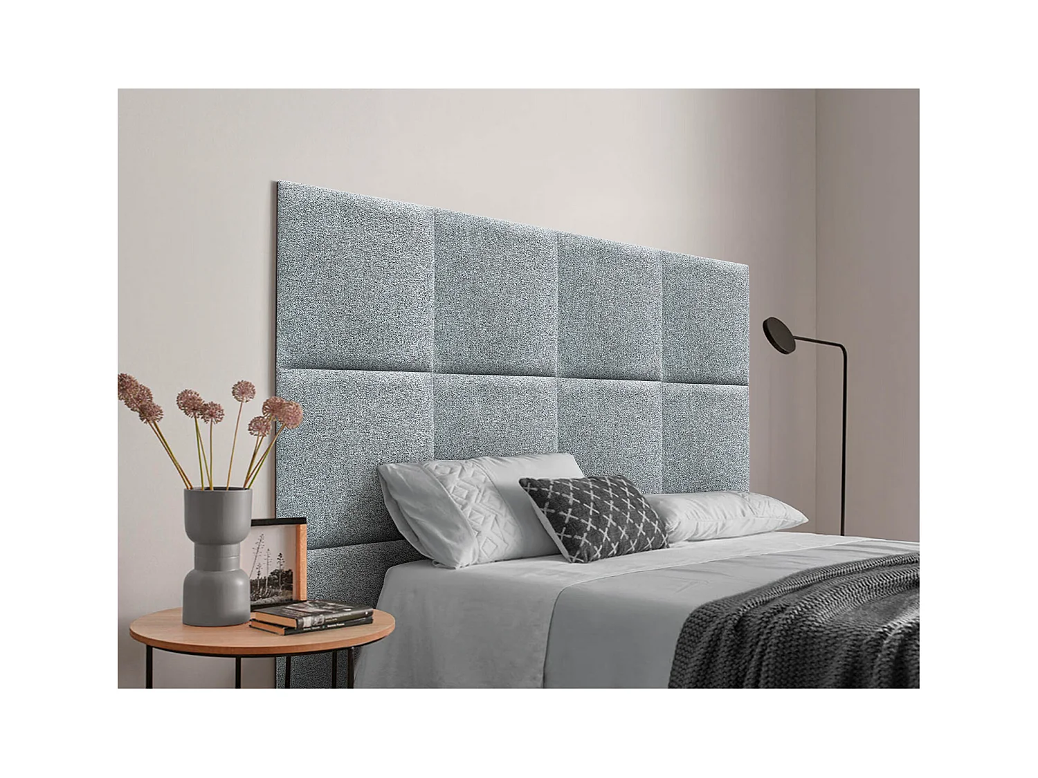 DHOME Tête de lit tapissée en tissu Aqualine composée de panneaux de lit autocollants interchangeables pour chambre de luxe (Gris perle, 140 cm)