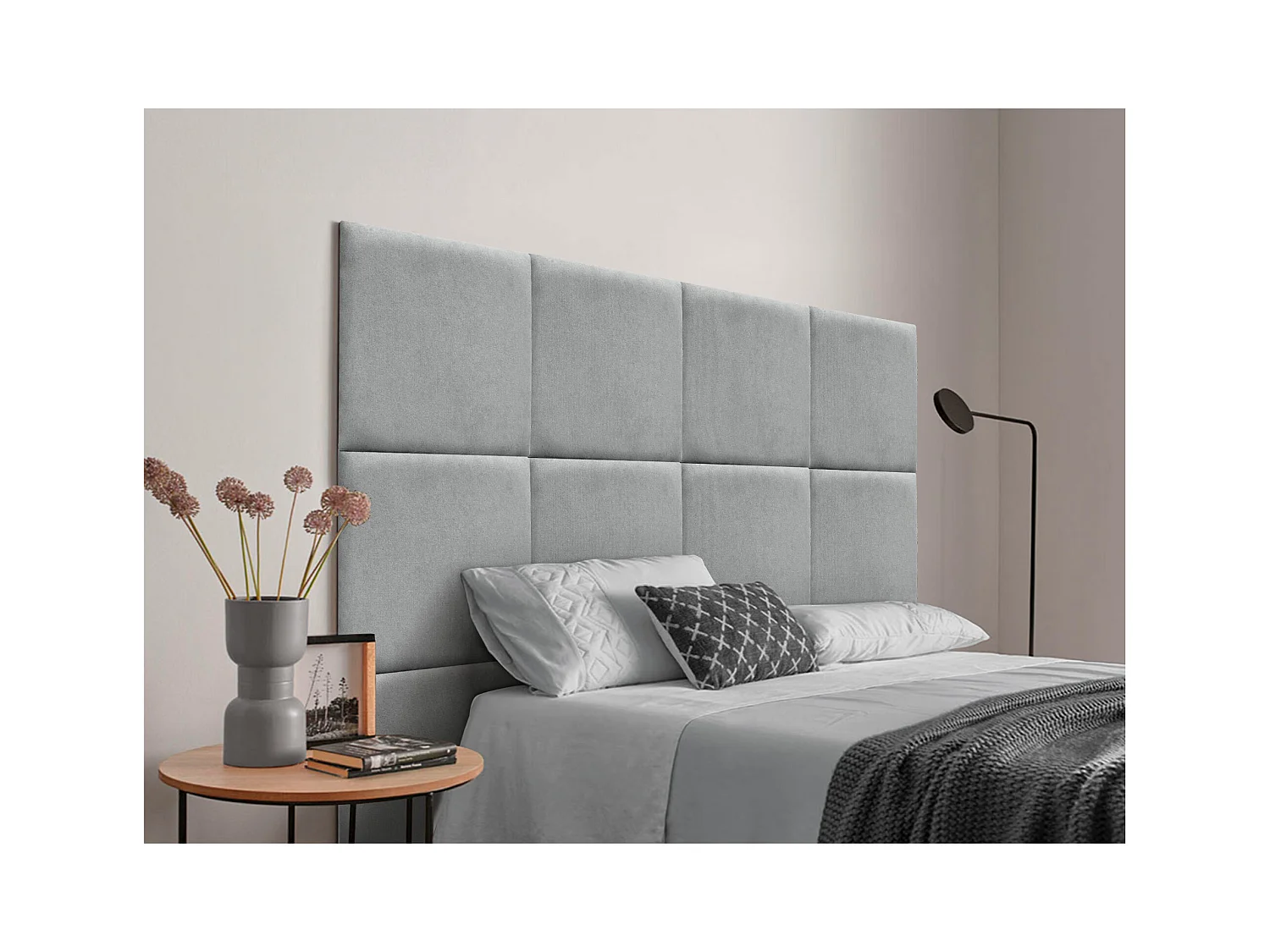 DHOME Tête de lit tapissée en tissu Aqualine composée de panneaux de lit autocollants interchangeables pour chambre de luxe (Gris, 220 cm)