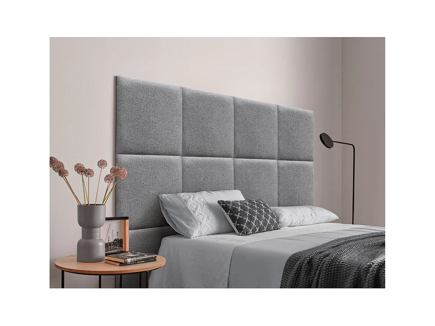 DHOME Tête de lit tapissée en tissu Aqualine composée de panneaux de lit autocollants interchangeables pour chambre de luxe (Ciment, 95 cm)