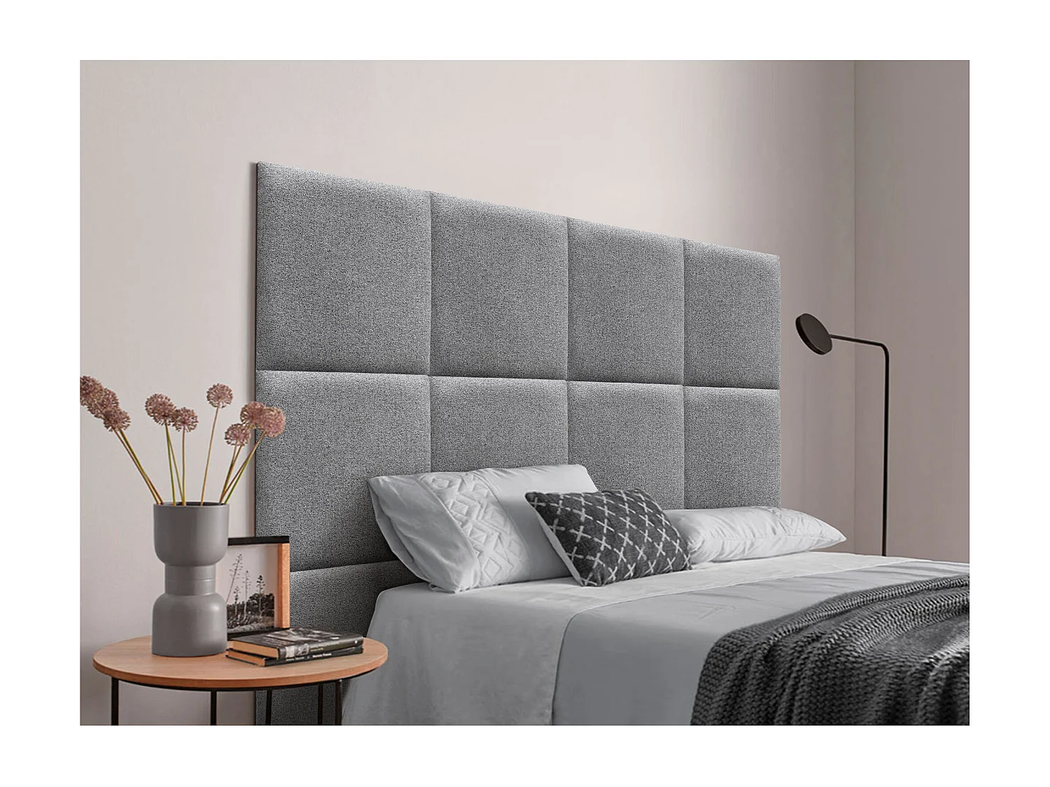 DHOME Tête de lit tapissée en tissu Aqualine composée de panneaux de lit autocollants interchangeables pour chambre de luxe (Ciment, 95 cm)