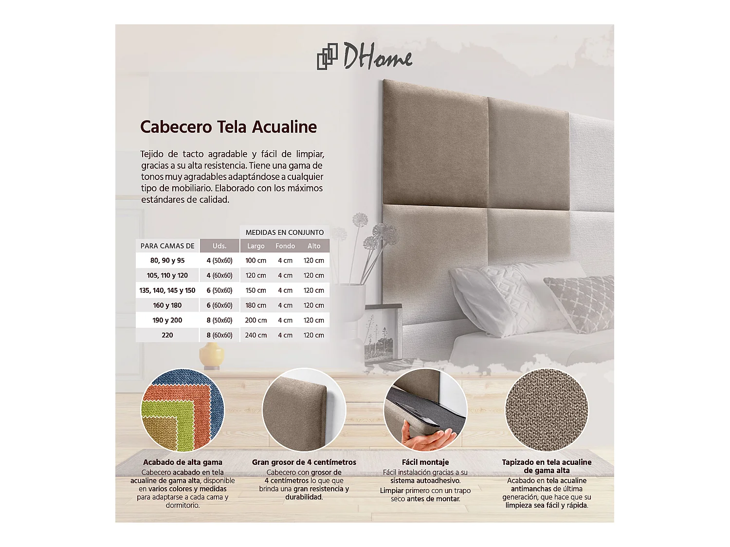 DHOME Tête de lit tapissée en tissu Aqualine composée de panneaux de lit autocollants interchangeables pour chambre de luxe (Terre, 135 cm)