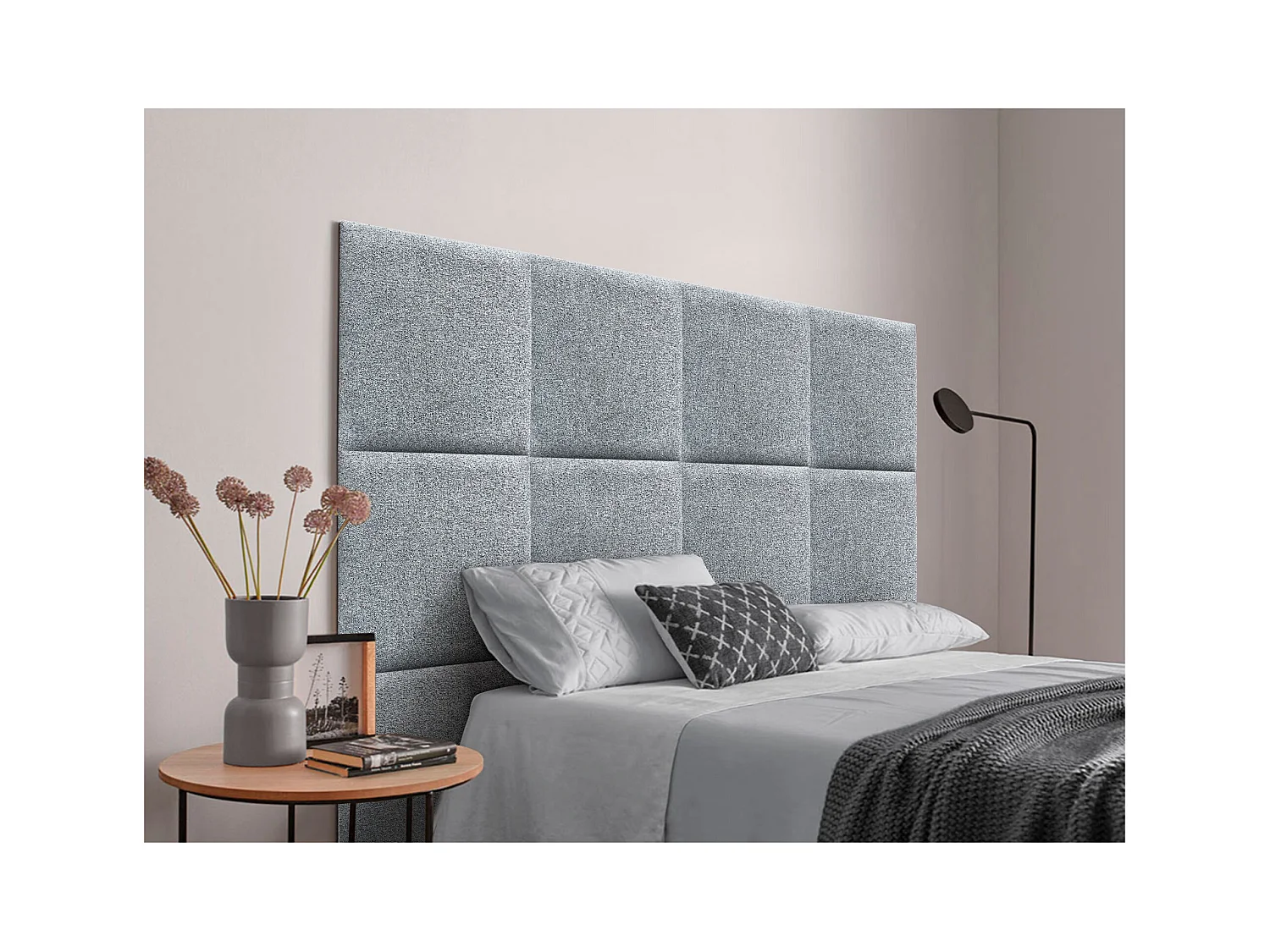 DHOME Tête de lit tapissée en tissu Aqualine composée de panneaux de lit autocollants interchangeables pour chambre de luxe (Gris perle, 190 cm)