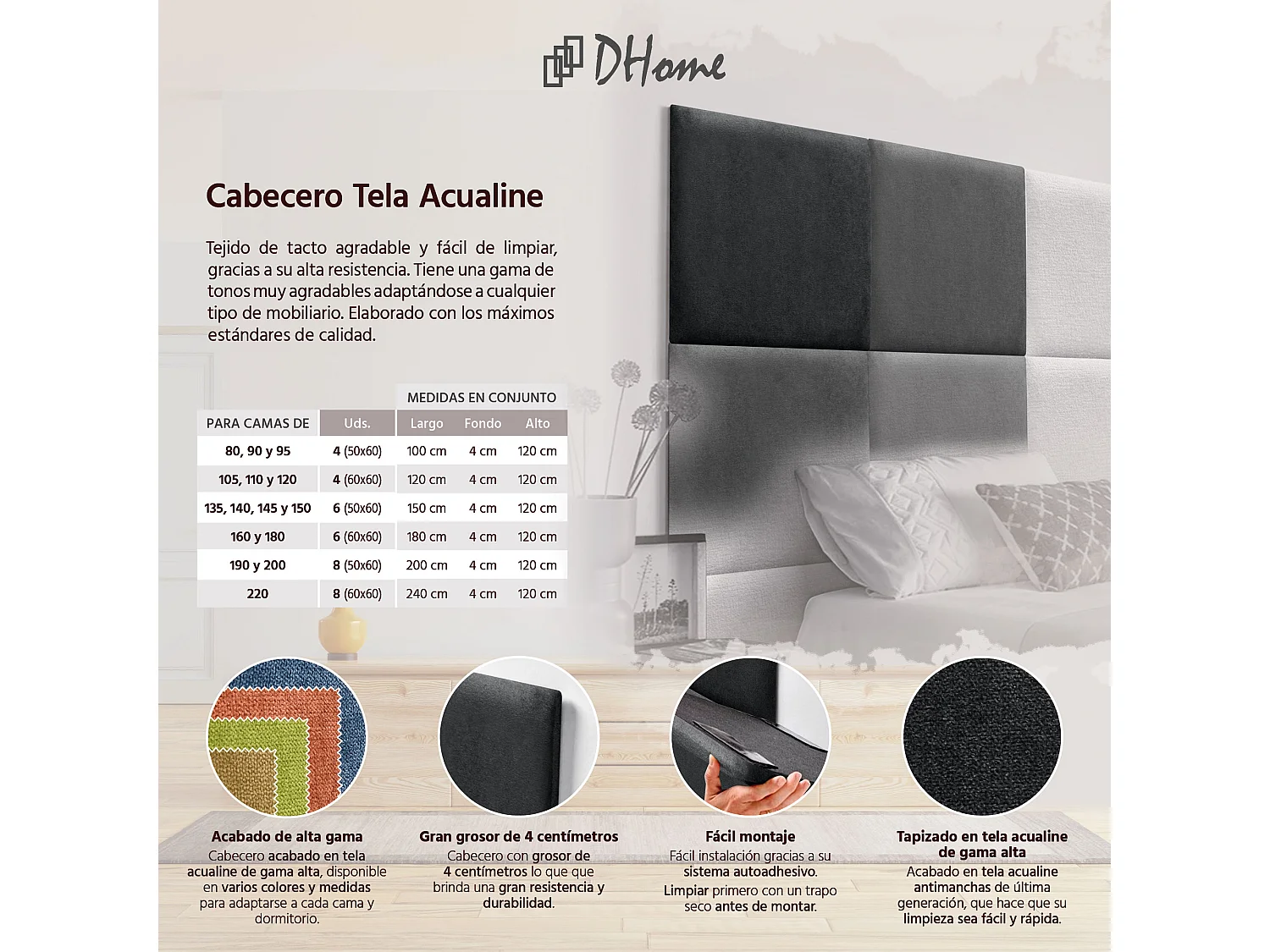 DHOME Cabeceira estofada em tecido aculino composto por painéis de cama intercambiáveis ​​autoadesivos acolchoados para quarto (Preto, 140cm)