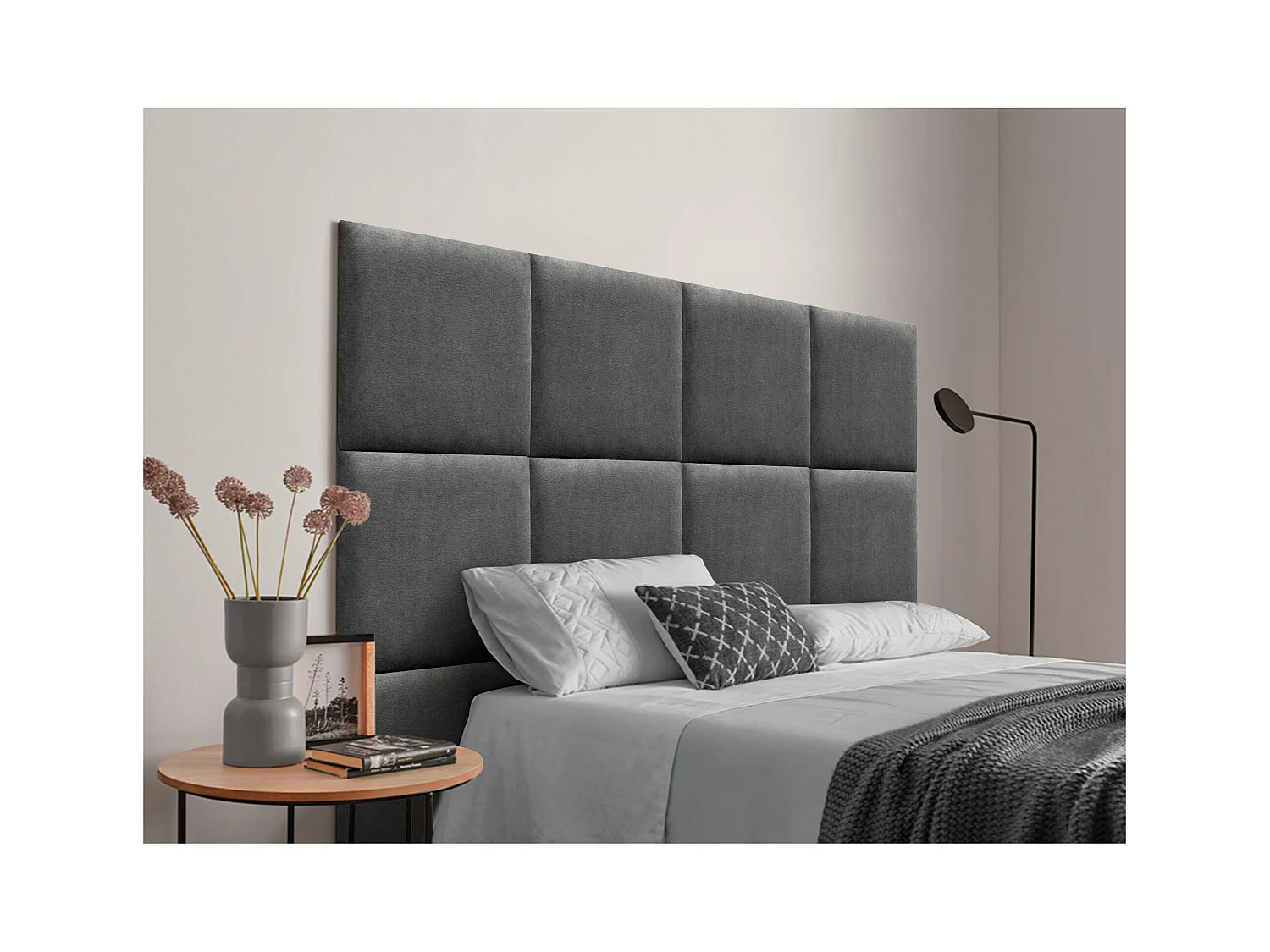 DHOME Tête de lit tapissée en tissu Aqualine composée de panneaux de lit autocollants interchangeables pour chambre de luxe (Gris cendré, 80 cm)
