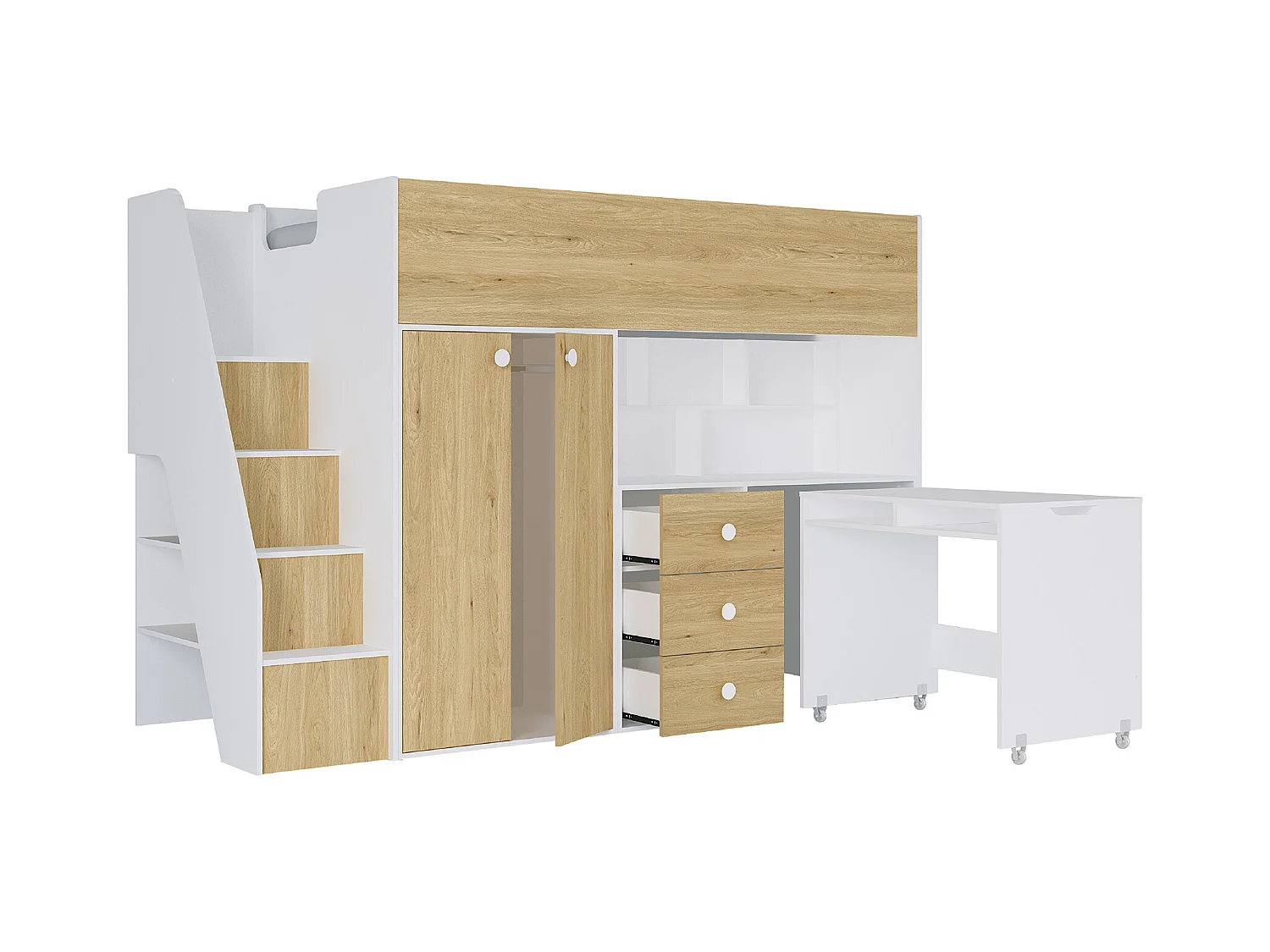 Cama alta 90 x 190 cm con armario y escritorio - Blanco y natural + Colchón - LANILATO