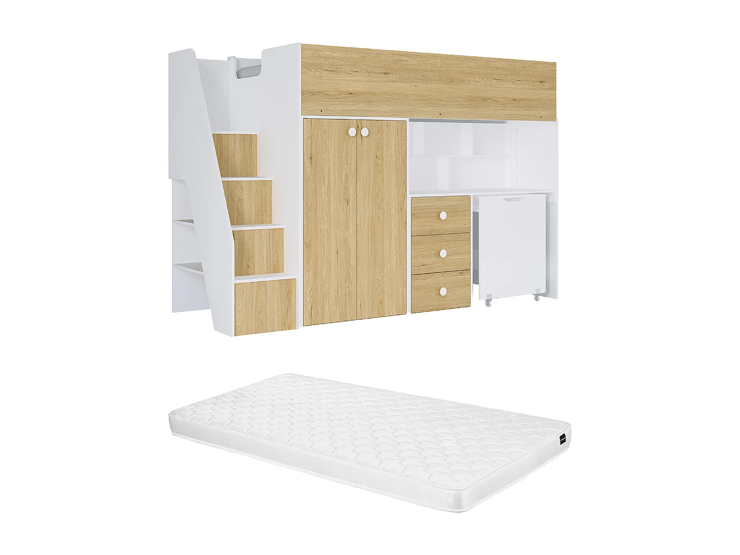 Cama alta 90 x 190 cm con armario y escritorio - Blanco y natural + Colchón - LANILATO