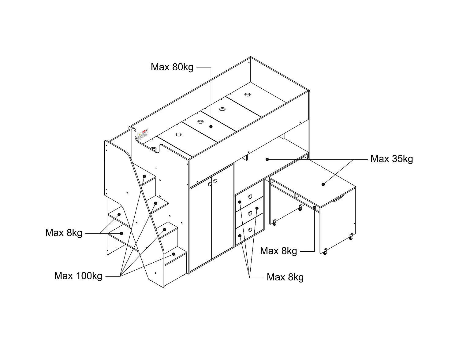 Cama alta 90 x 190 cm con armario y escritorio - Blanco y natural + Colchón - LANILATO