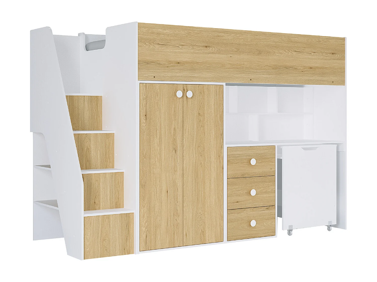 Lit mezzanine 90 x 190 cm avec armoire et bureau - Blanc et naturel + Matelas - LANILATO