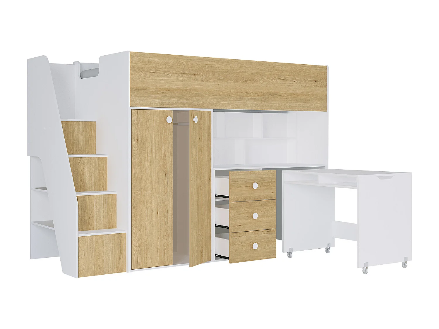 Lit mezzanine 90 x 190 cm avec armoire et bureau - Blanc et naturel + Matelas - LANILATO