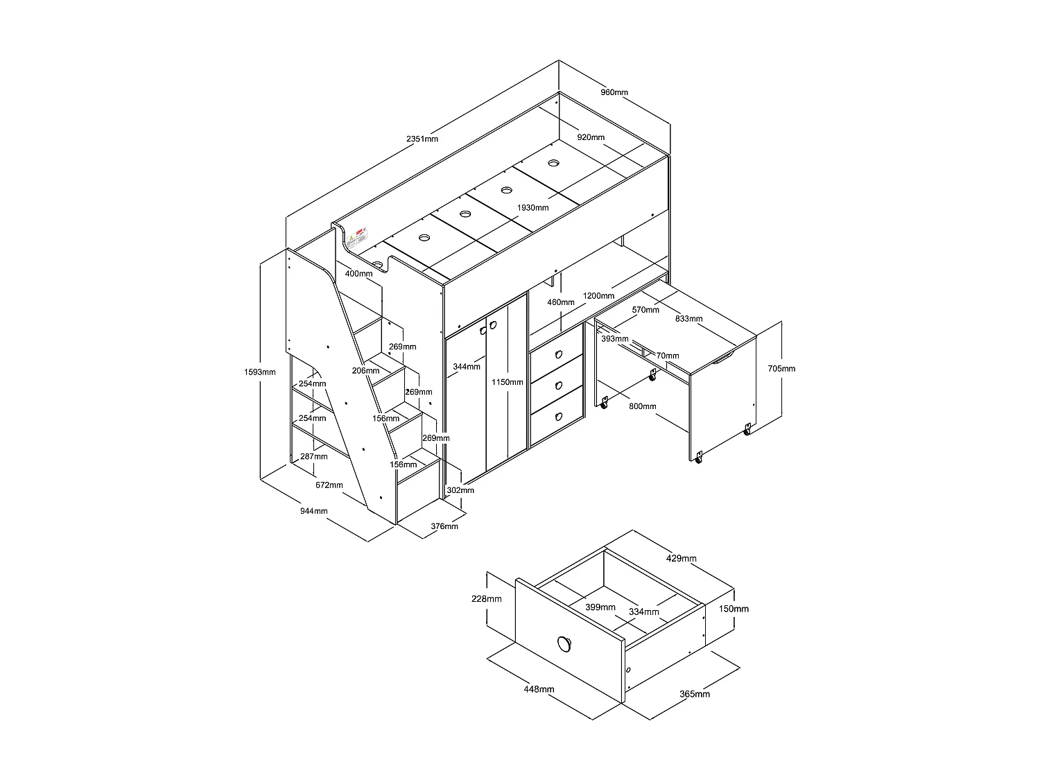 Lit mezzanine 90 x 190 cm avec armoire et bureau - Blanc et naturel + Matelas - LANILATO