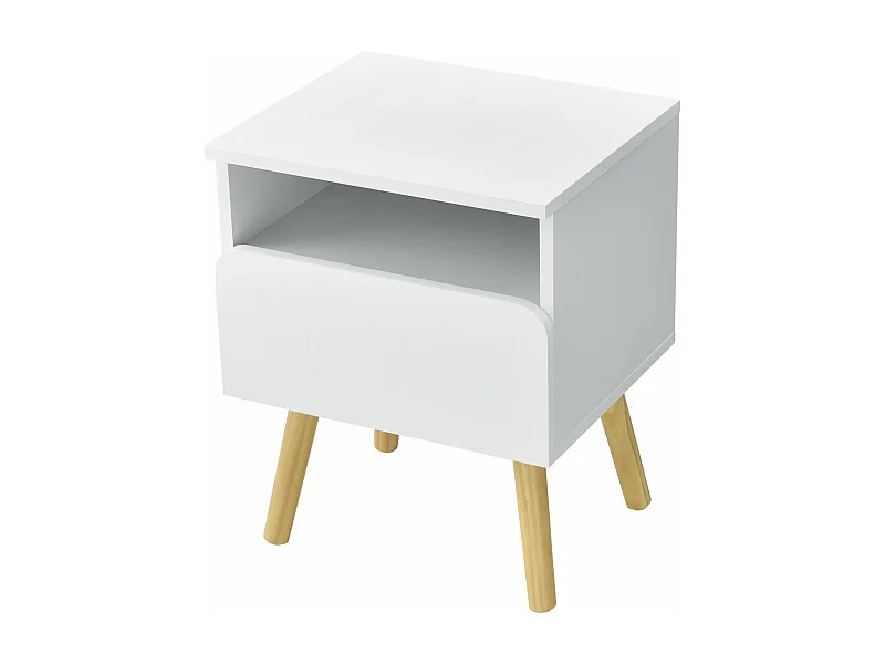 Mesita de noche de diseño con cajón y contenedor con patas de pino blanco de 50 cm 03_0006237