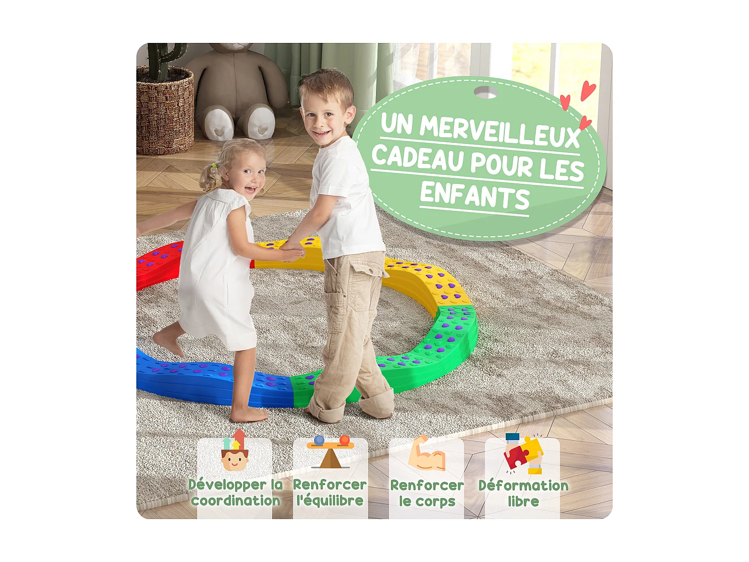 Poutre d'équilibre pour enfants total 8 pcs - parcours de motricité - usage intérieur extérieur - multicolore