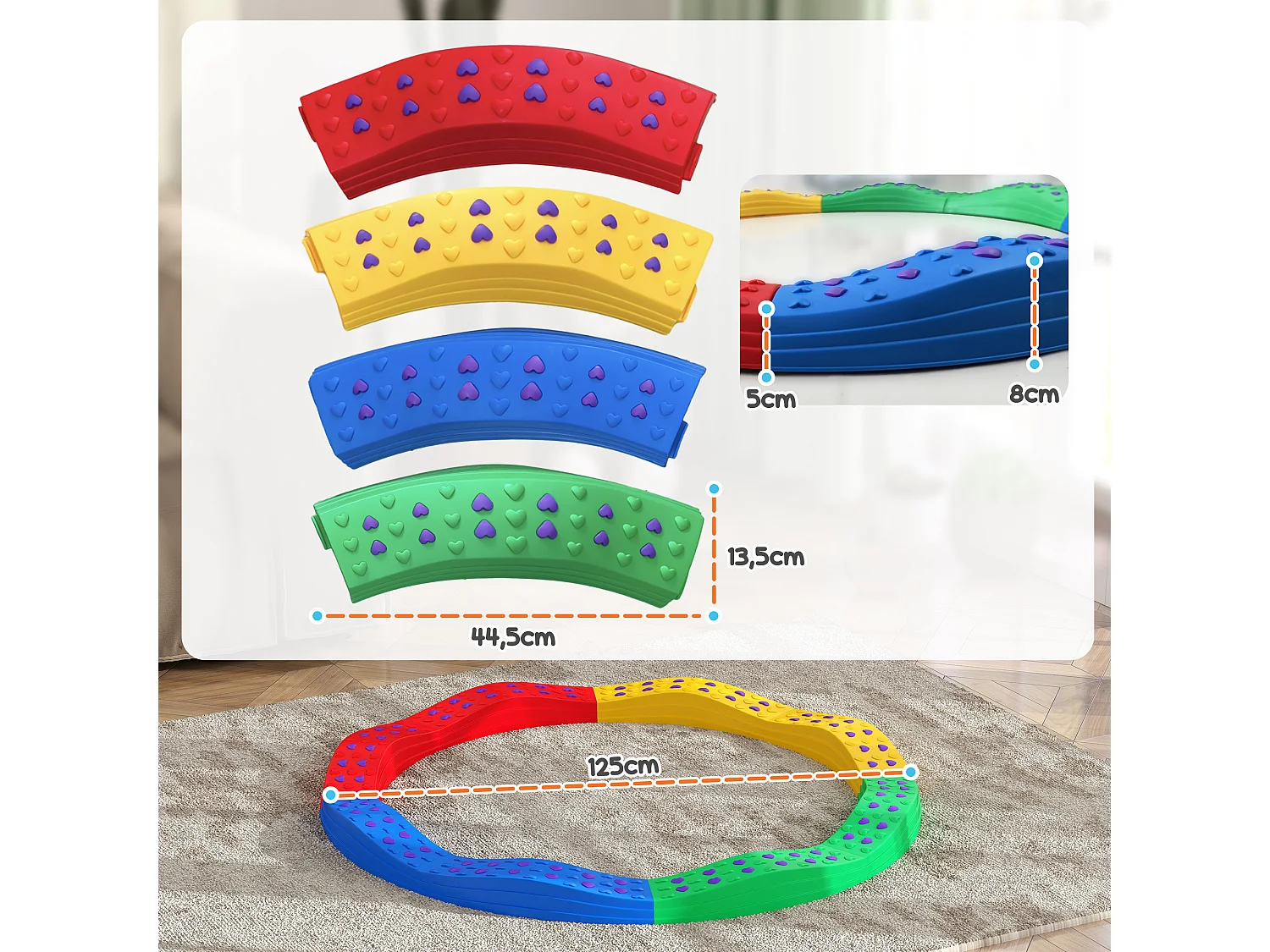 Poutre d'équilibre pour enfants total 8 pcs - parcours de motricité - usage intérieur extérieur - multicolore