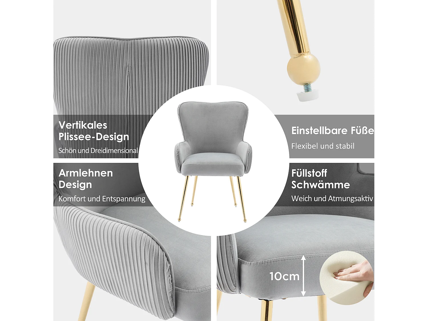 Chaise velours grise luxe avec accoudoirs pieds métal doré réglables salon chambre lounge lot de 6