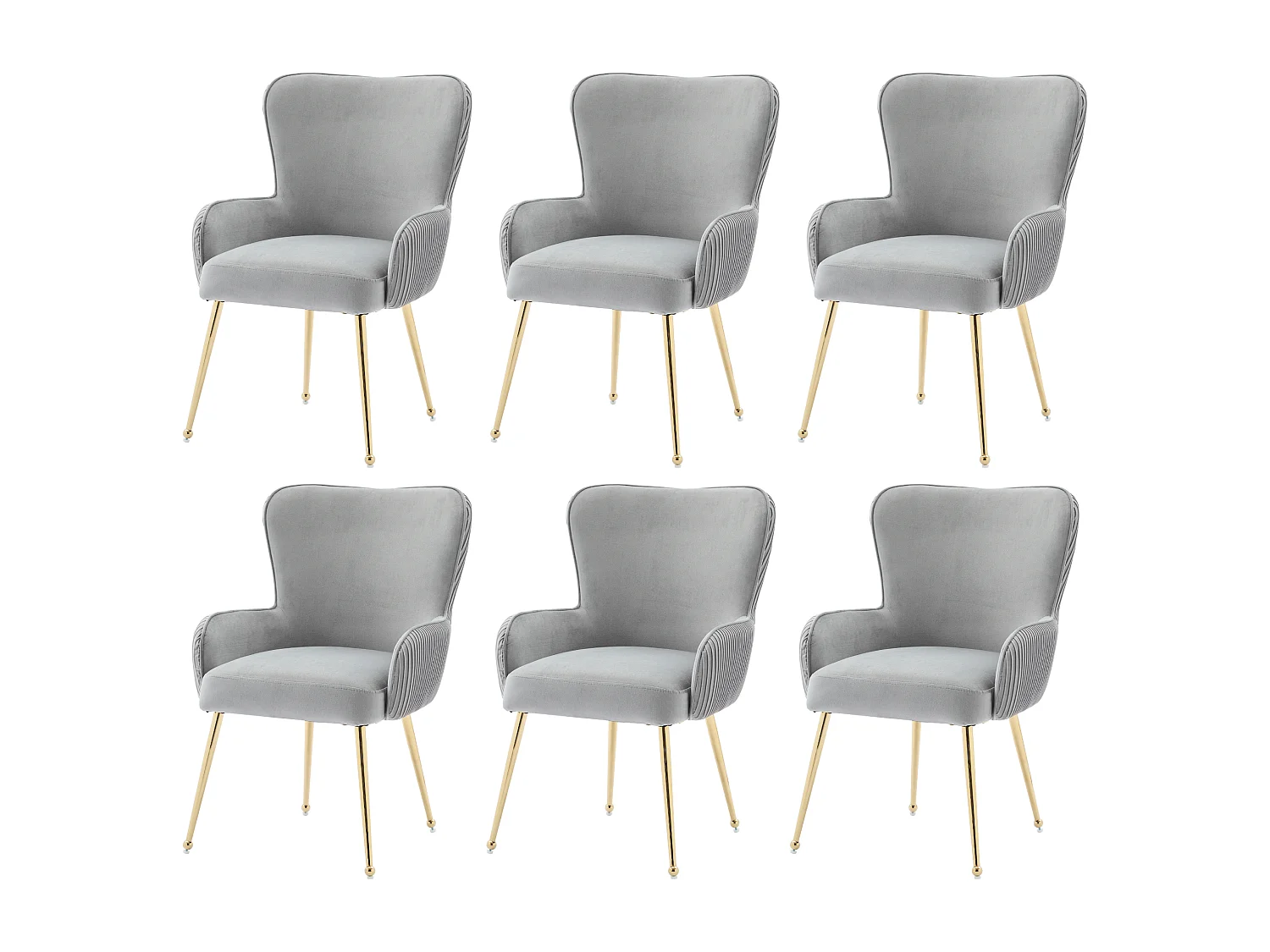 Chaise velours grise luxe avec accoudoirs pieds métal doré réglables salon chambre lounge lot de 6