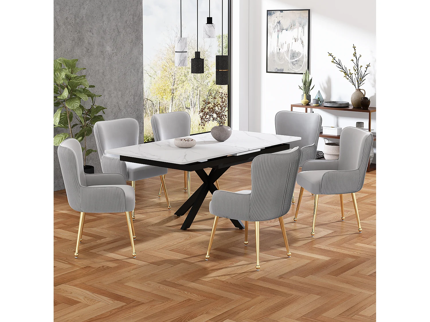 Chaise velours grise luxe avec accoudoirs pieds métal doré réglables salon chambre lounge lot de 2