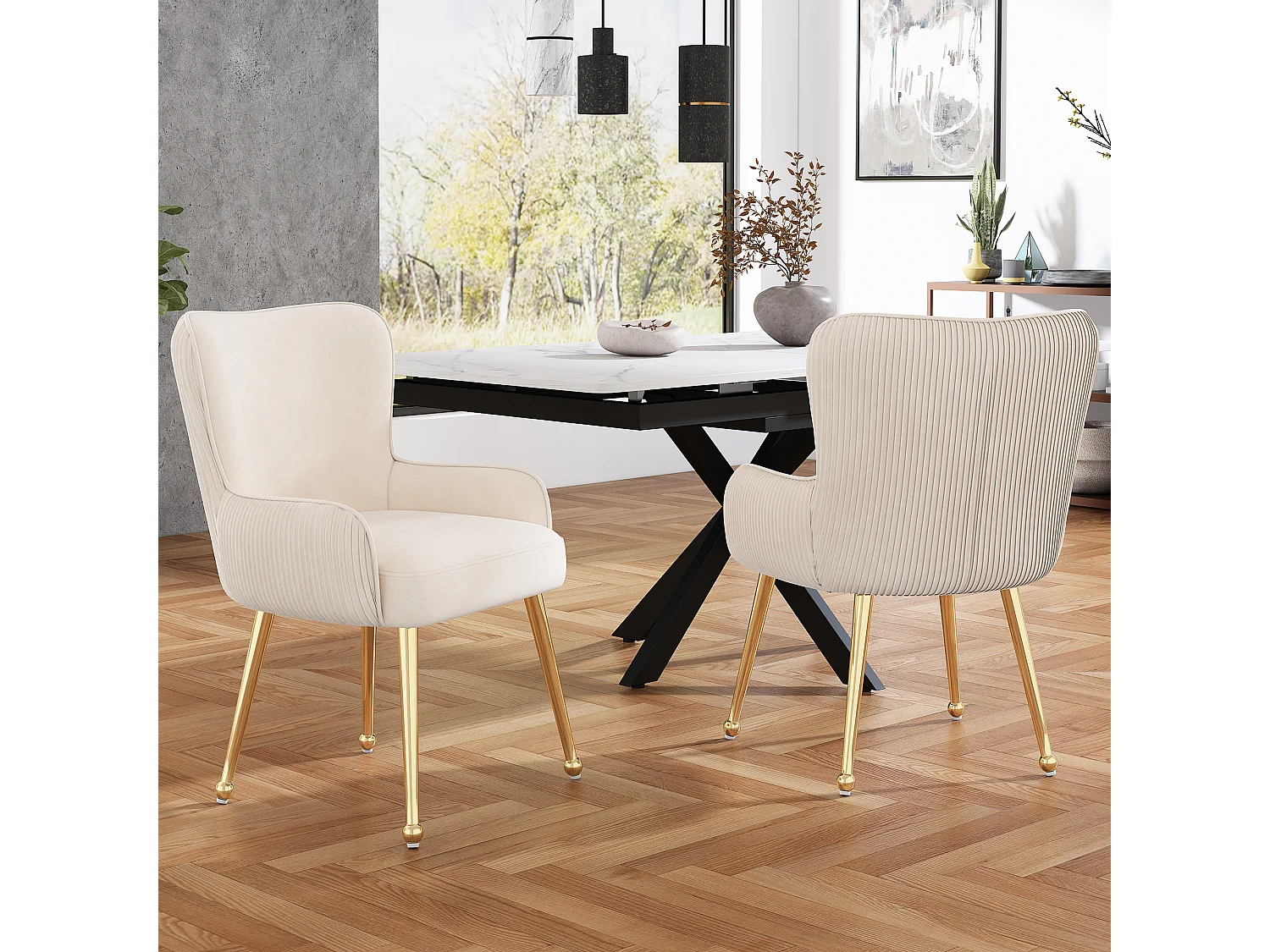 Silla de terciopelo beige de lujo con reposabrazos y patas ajustables de metal dorado para sala de estar, comedor, juego de 6