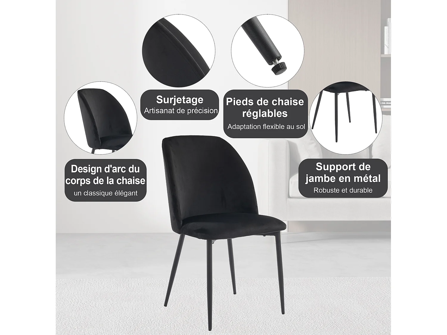 Esszimmerstuhl, 4-teilig, Metallbeine, Schwarz