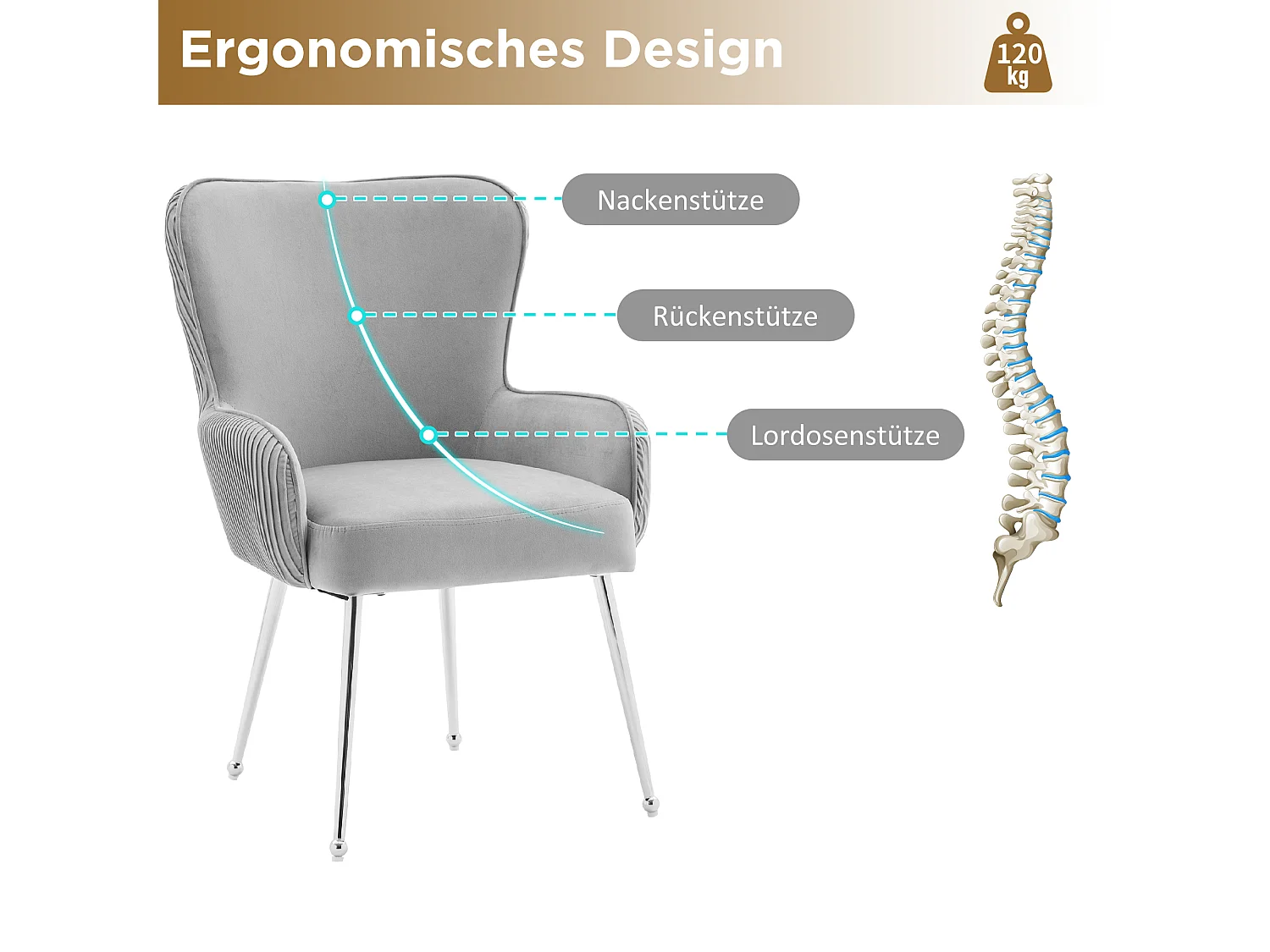 Chaise velours grise avec accoudoirs pieds métal argent réglables design lounge salon chambre lot de 2