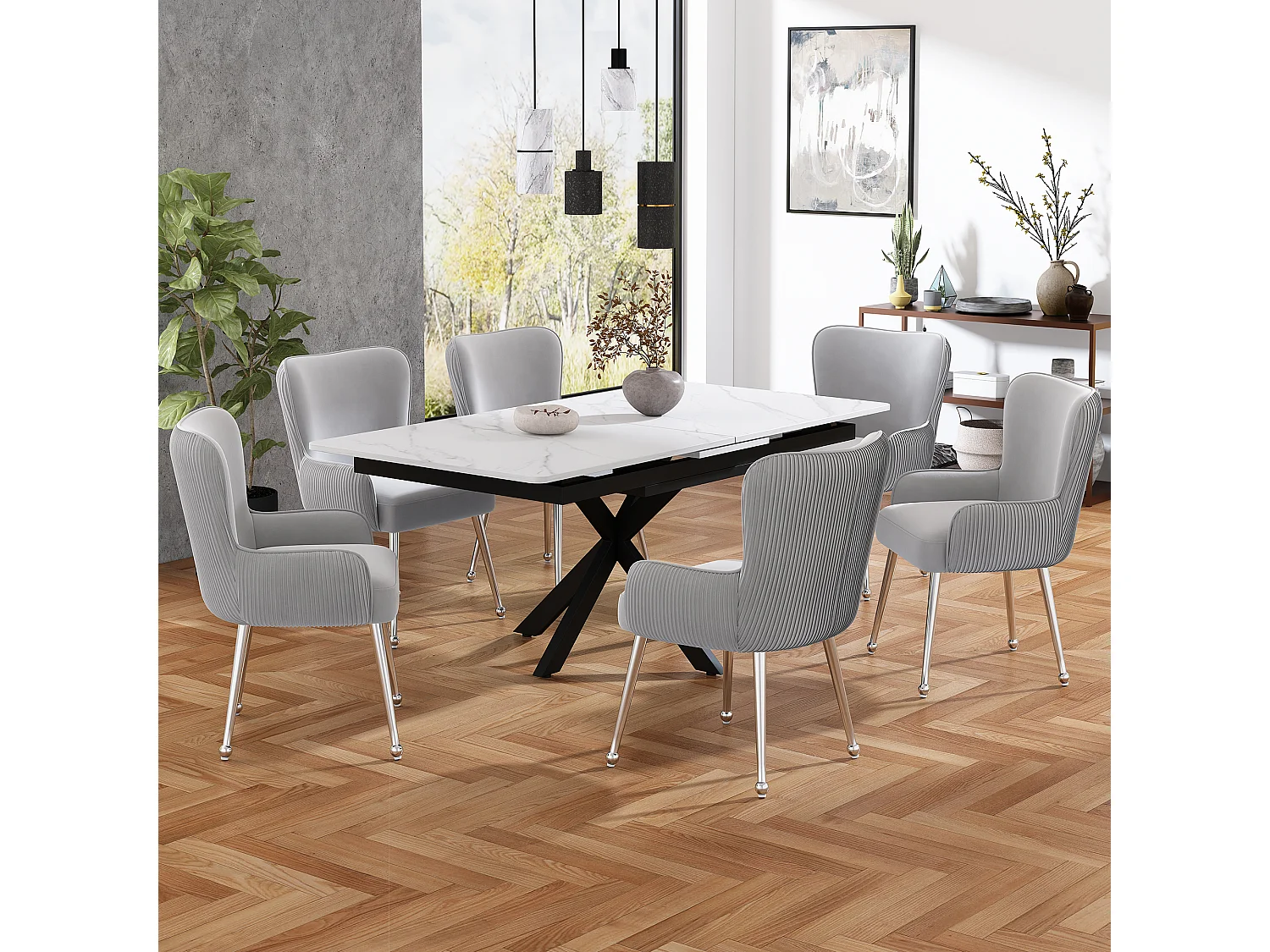 Chaise velours grise avec accoudoirs pieds métal argent réglables design lounge salon chambre lot de 4