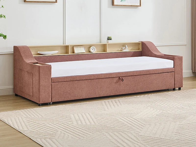 Uitschuifbaar bed 2 x 80 x 200 cm met opbergruimte en USB-poort - Stof - Roze - ORAVAYA